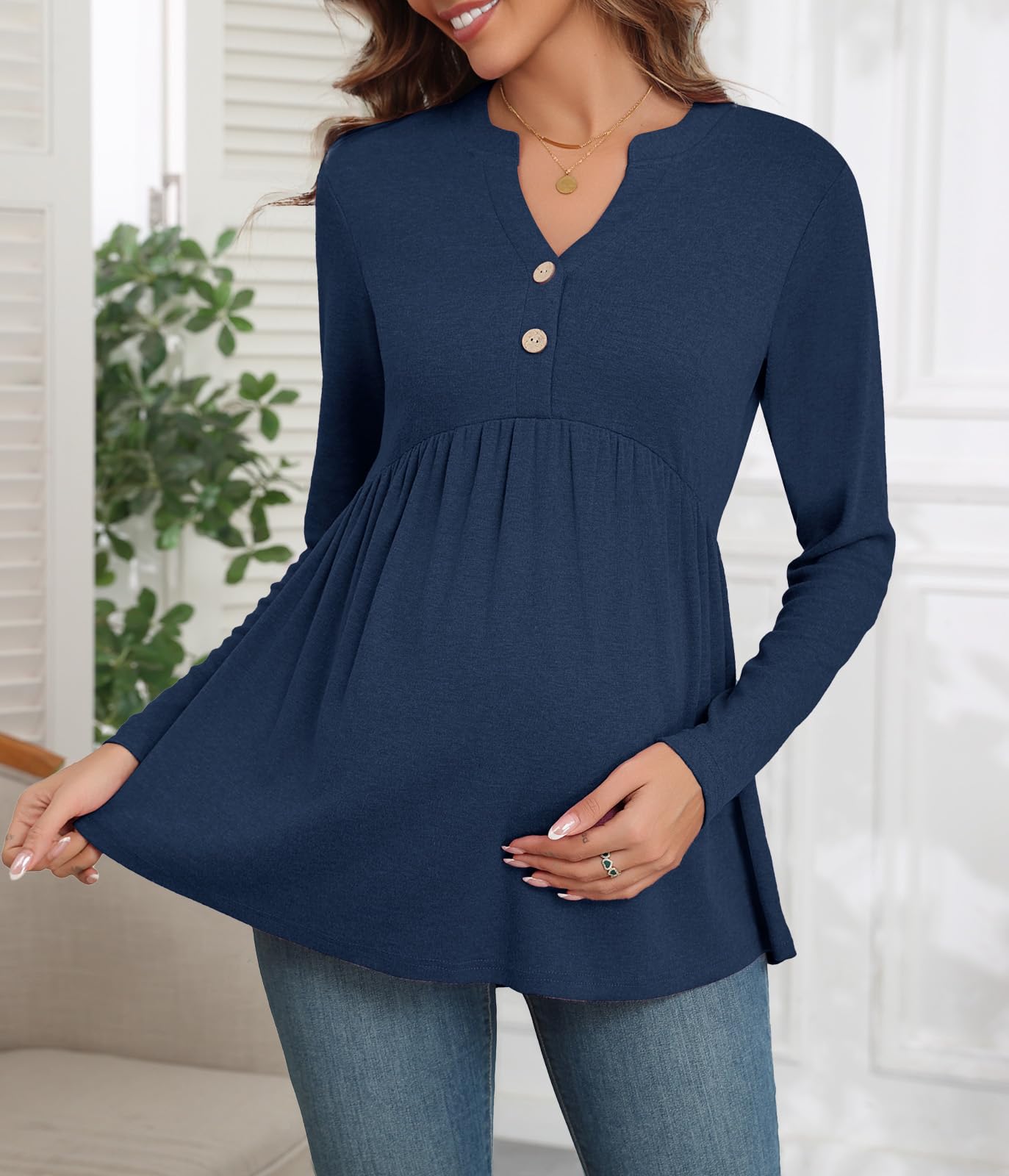 Xpenyo Women's Maternity Tops - Long Sleeve V-Neck Pregnancy Blouses & Tunics for Fall 2024 - Comfortable Button-Up Dressy Shirts for Work, Casual Wear & Baby Showers