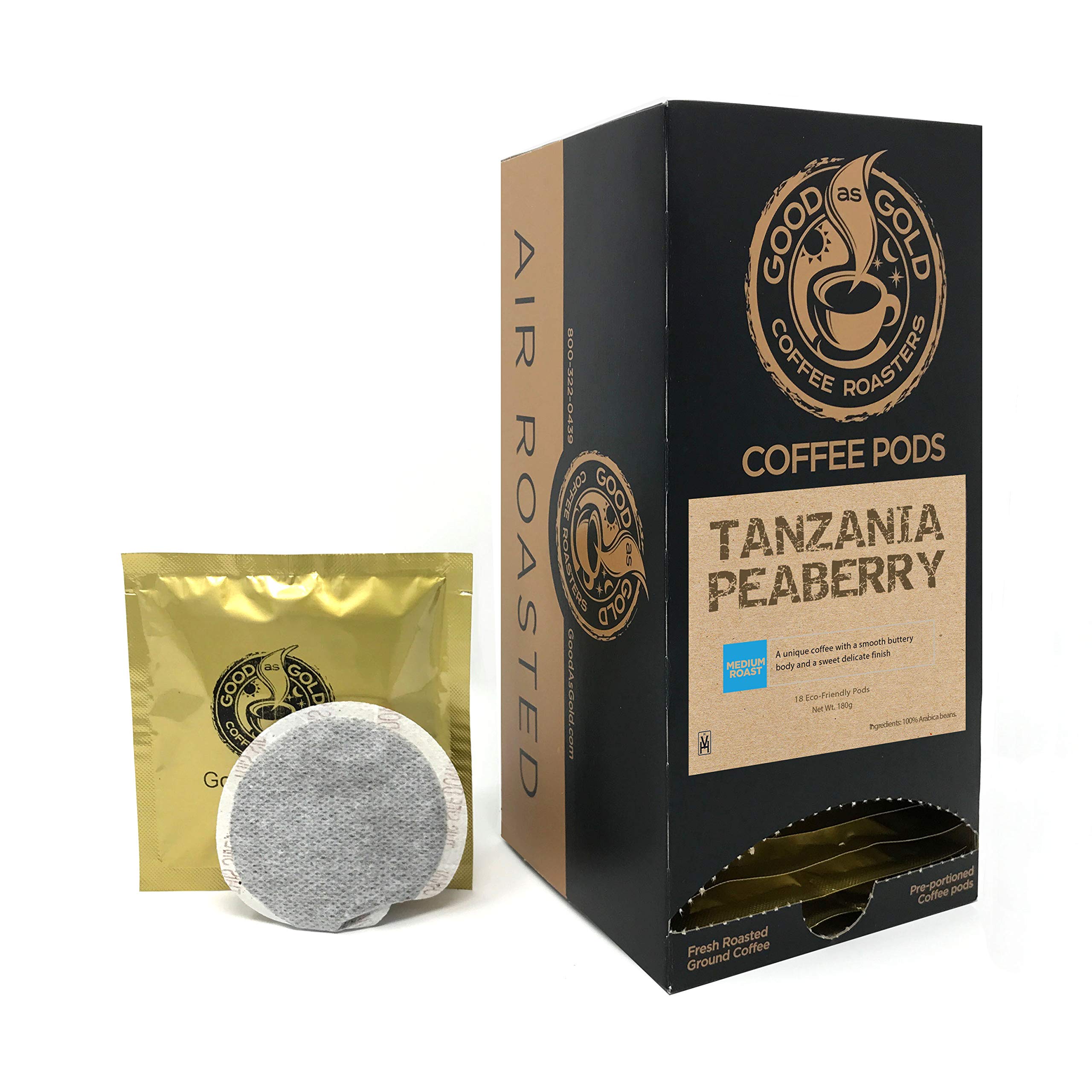 Premium Tanzania Peaberry Coffee Pods - Single Origin Specialty Coffee (1 Box / 18 Pods) - Perfect for Keurig & Nespresso Machines, Office & Home Brewing