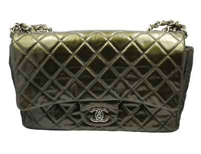 Authentic 2008 Chanel Classic Jumbo Quilted Patent Leather Handbag in Rare Olive Green - Luxury Designer Purse for Women, Perfect for Evening Events & Special Occasions