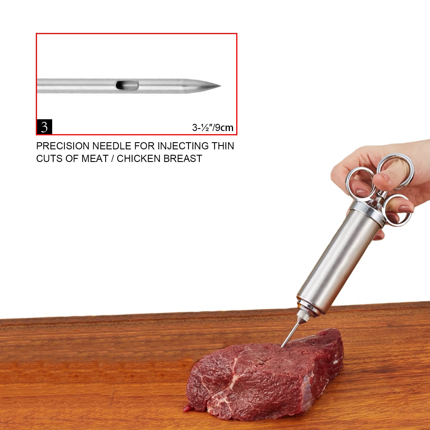 KayCrown 304 Stainless Steel Marinade Injector Kit - 2oz BBQ Meat Seasoning Syringe with 3 Needles & Brush for Grilling & Cooking
