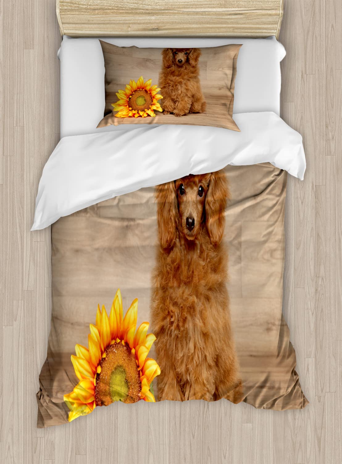 Ambesonne Poodle Duvet Cover Set - King Size 2-Piece Set with Sunflower & Dog Design on Wooden Background, Includes 2 Duvet Covers & 4 Pillowcases in Pale Brown Marigold - Perfect for Dog Lovers' Bedroom Decor & Cozy Home Styling