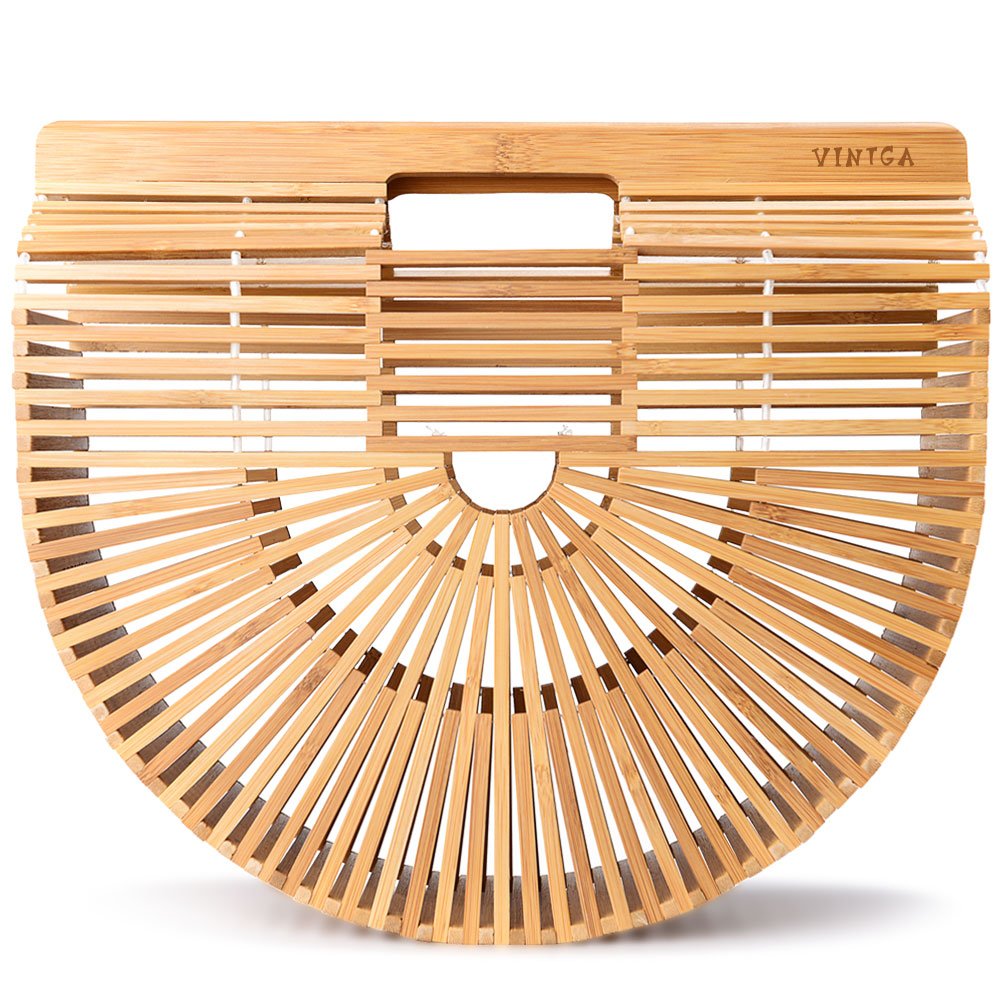 Women's Bamboo Beach Bag - Straw Handbag with Wooden Handle for Summer Outings