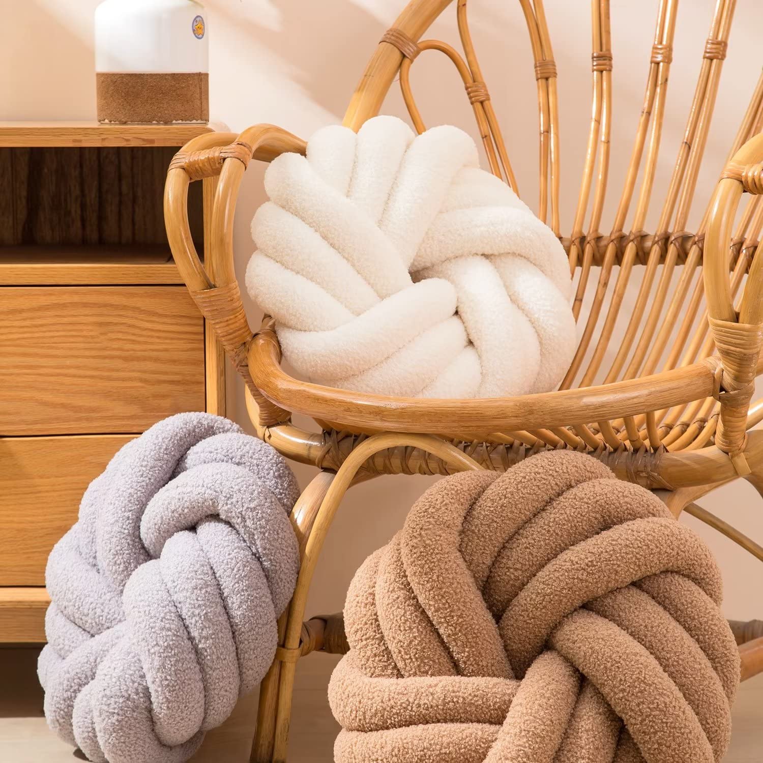 Handmade White Knotted Round Throw Pillow - 14 Inch Plush Knot Decorative Cushion for Couch, Bed & Living Room | Cozy Floor Pillow for Home Decor & Relaxation