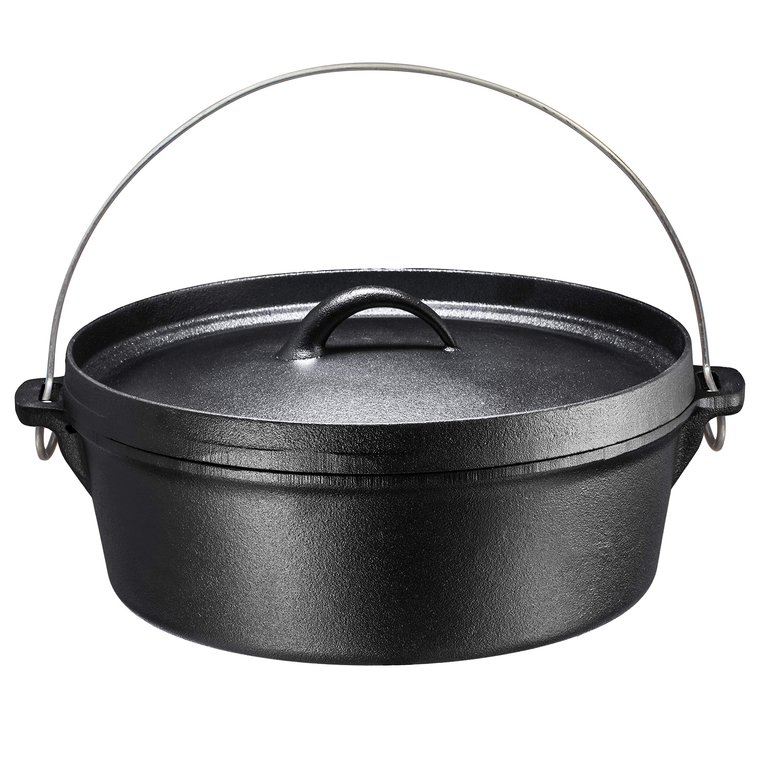 Pre-Seasoned 6 Quart Cast Iron Dutch Oven with Flanged Lid - Black Camping Cookware for Outdoor Cooking, Campfire, Fireplace & Backyard BBQ - Perfect for Stews, Soups & Bread Baking