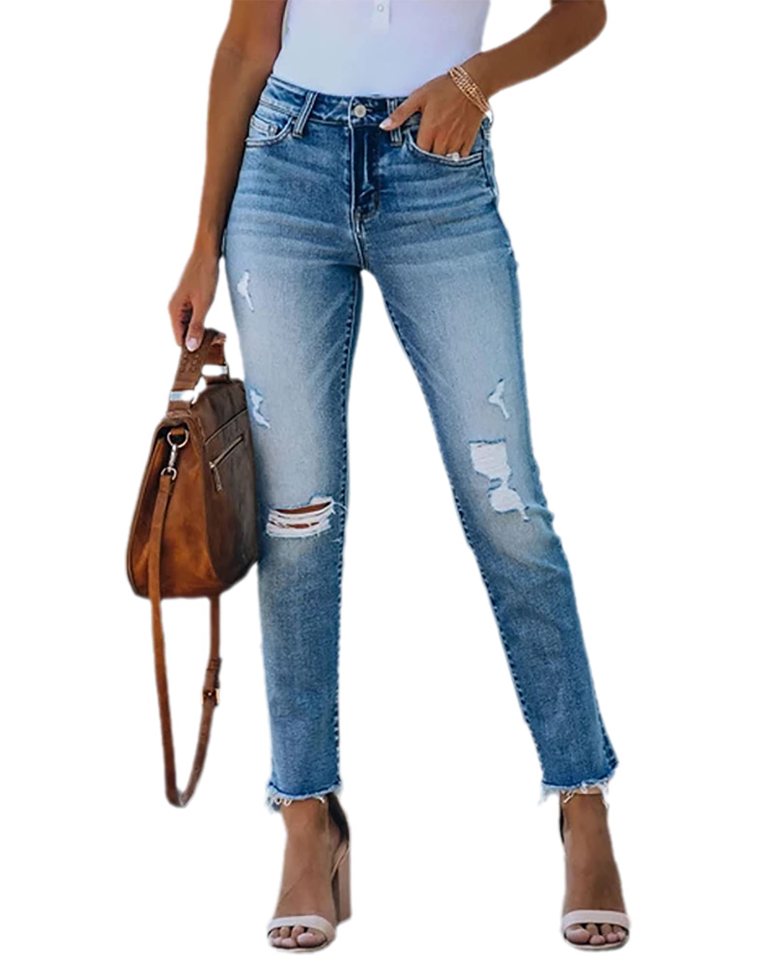TACSTRUN Women's High Waisted Ripped Distressed Button Fly Crop Jeans - Trendy Vintage Denim Pants for Casual Outfits & Streetwear Fashion