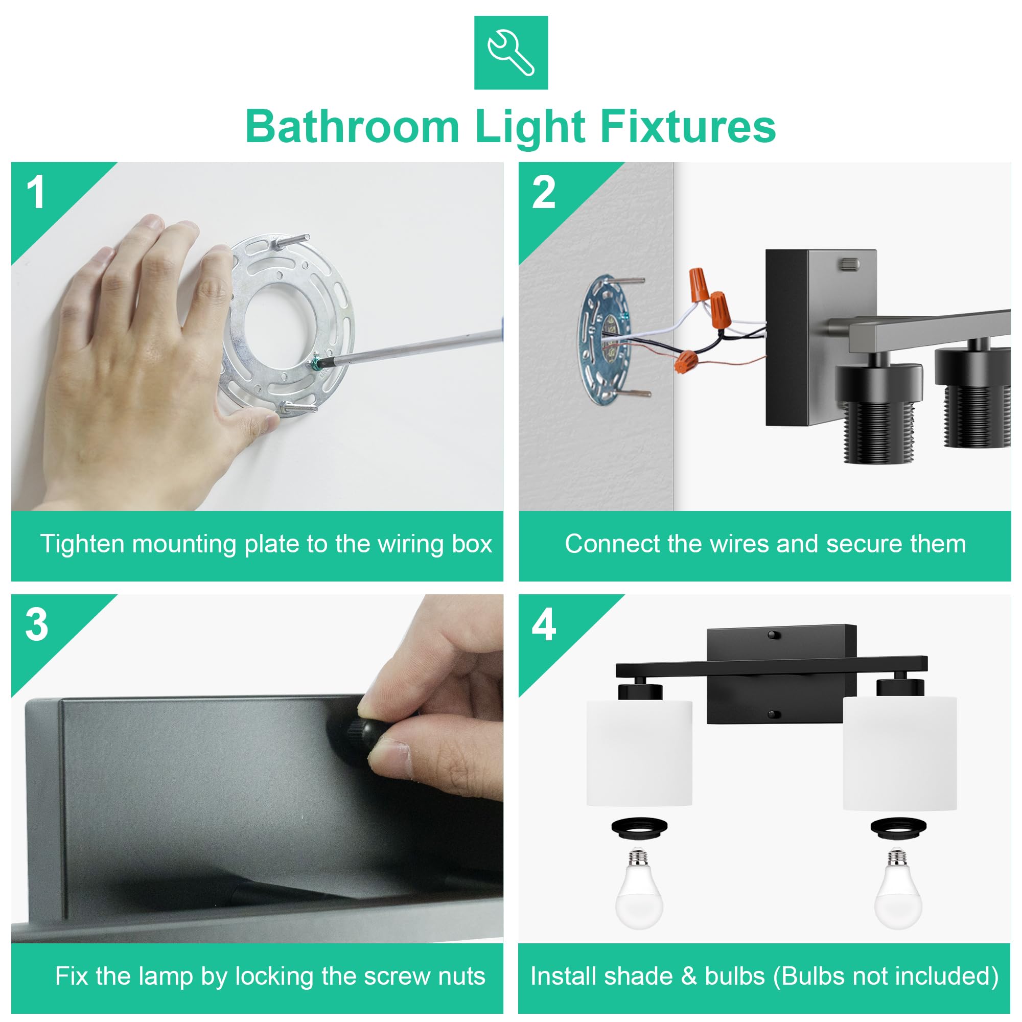 Modern Black Vanity Light - 2 Light Anti-Rust Bathroom Fixture for Mirror