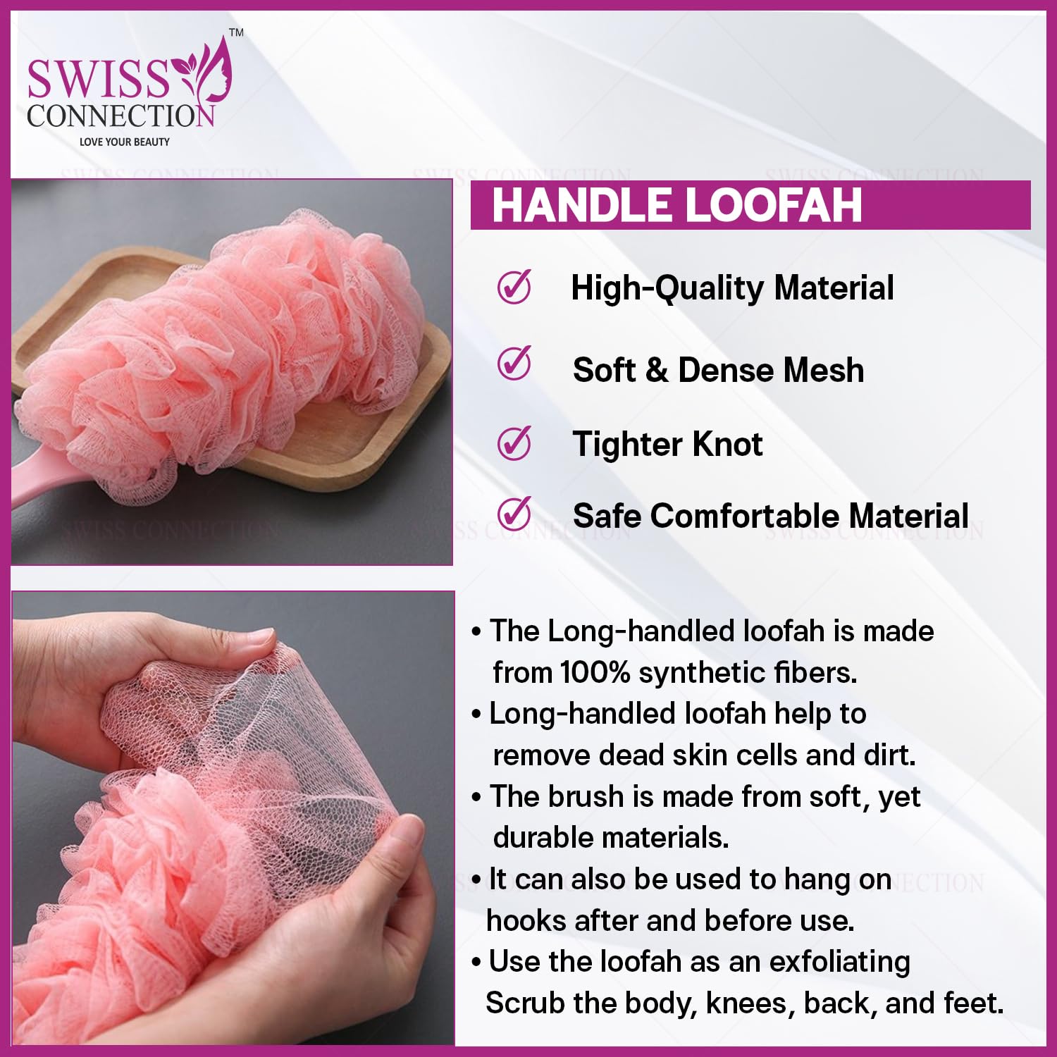 Swiss Connection Long Handle Loofah Back Scrubber - Gentle Exfoliating & Efficient Cleaning Bath Sponge for Men & Women - Easy to Clean, Multi-Color (Pack of 2) - Perfect for Shower, Spa, and Daily Body Care Routine