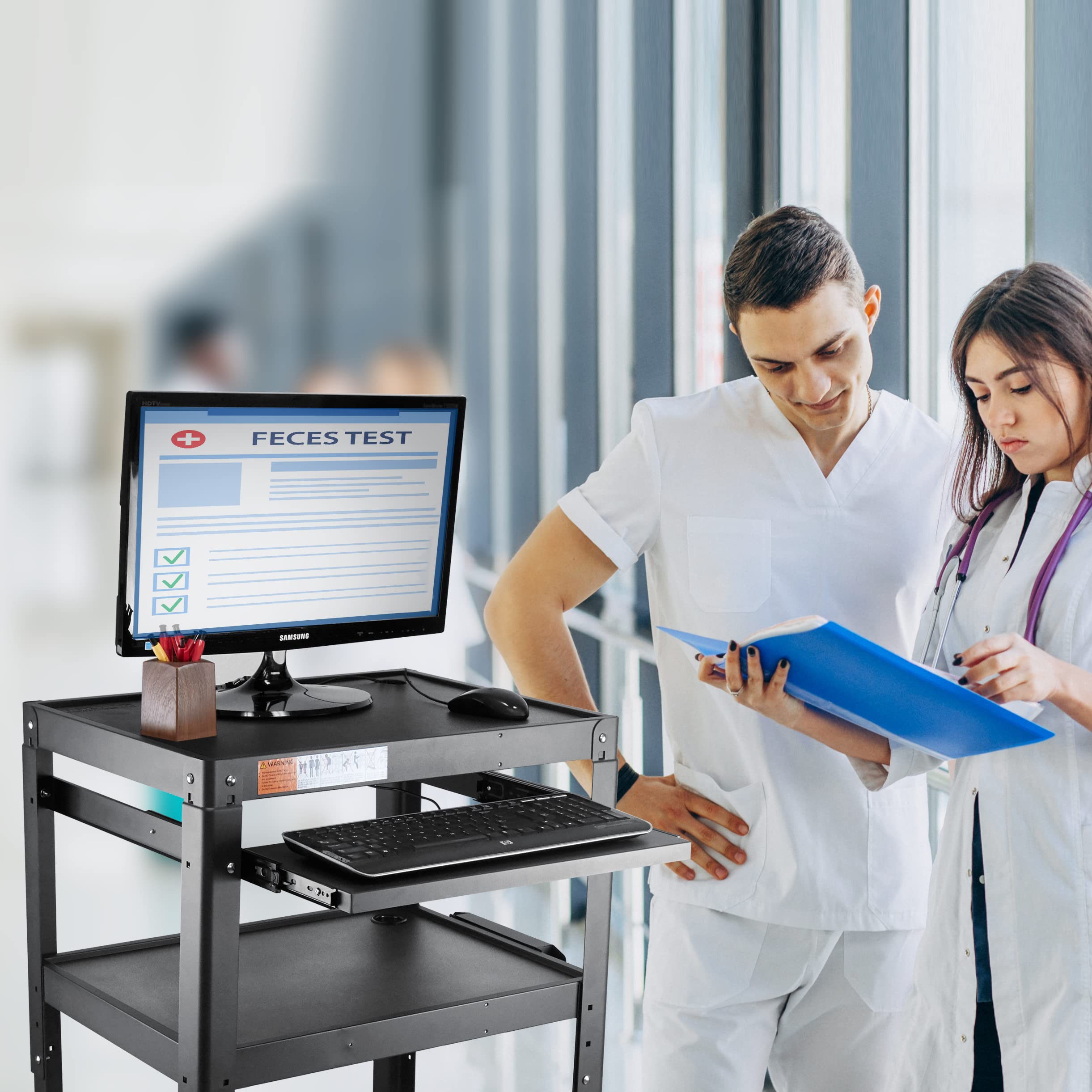 AV Presentation Cart Stand for Video Projector, TV, Laptop, Printer - Heavy Duty Metal Rolling Cart with Adjustable Shelves, 4 Wheels & Power Outlets (300 lbs Capacity, 5.75ft Cord, Black) - Perfect for Classrooms, Offices & Conference Rooms