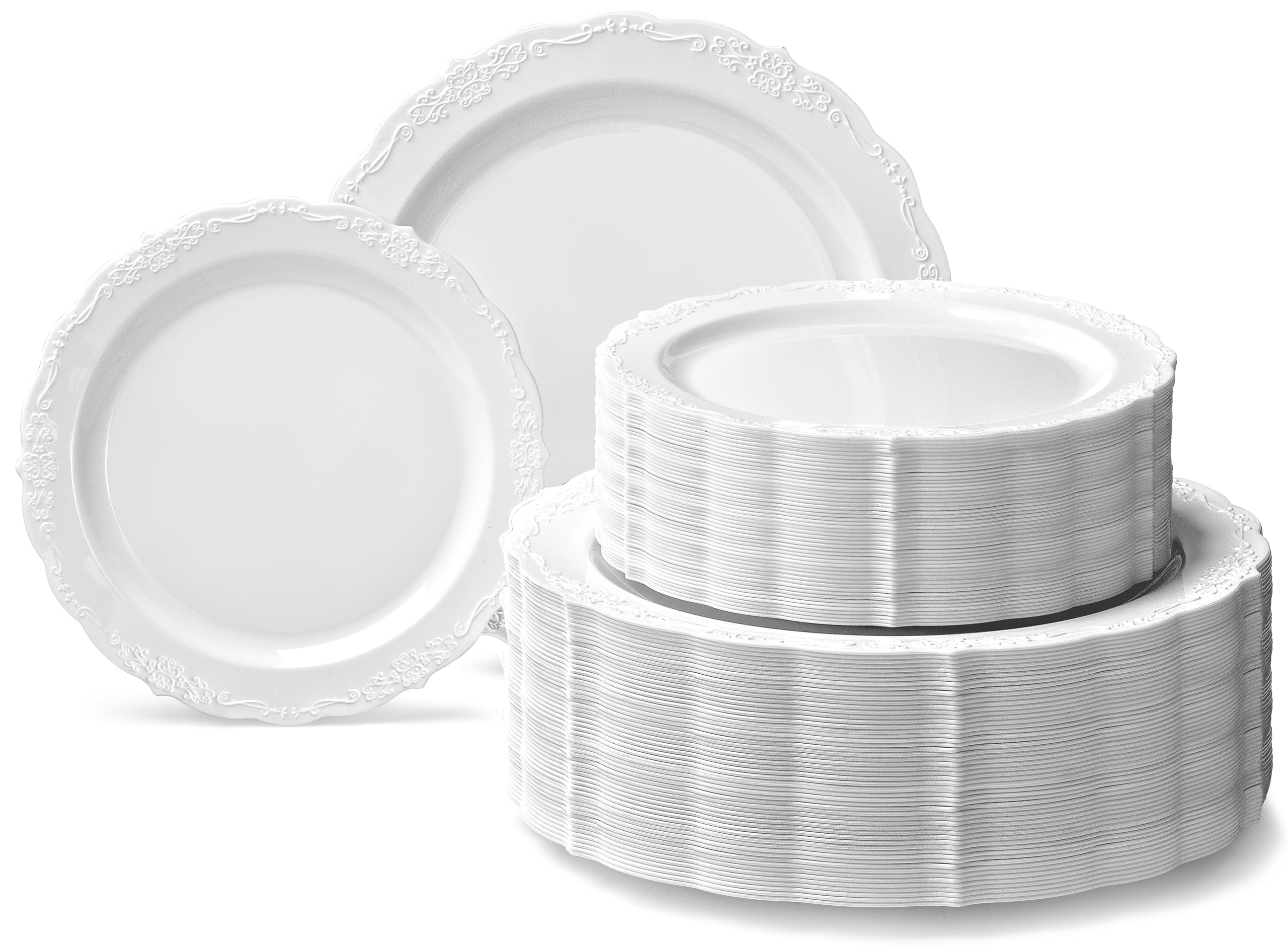240-Pack Vintage Disposable Plastic Plates for Wedding & Party - 120 x 10'' Dinner Plates + 120 x 7.5'' Salad/Dessert Plates (Verona Plain White) - Elegant Disposable Tableware for Catering, Events & Special Occasions