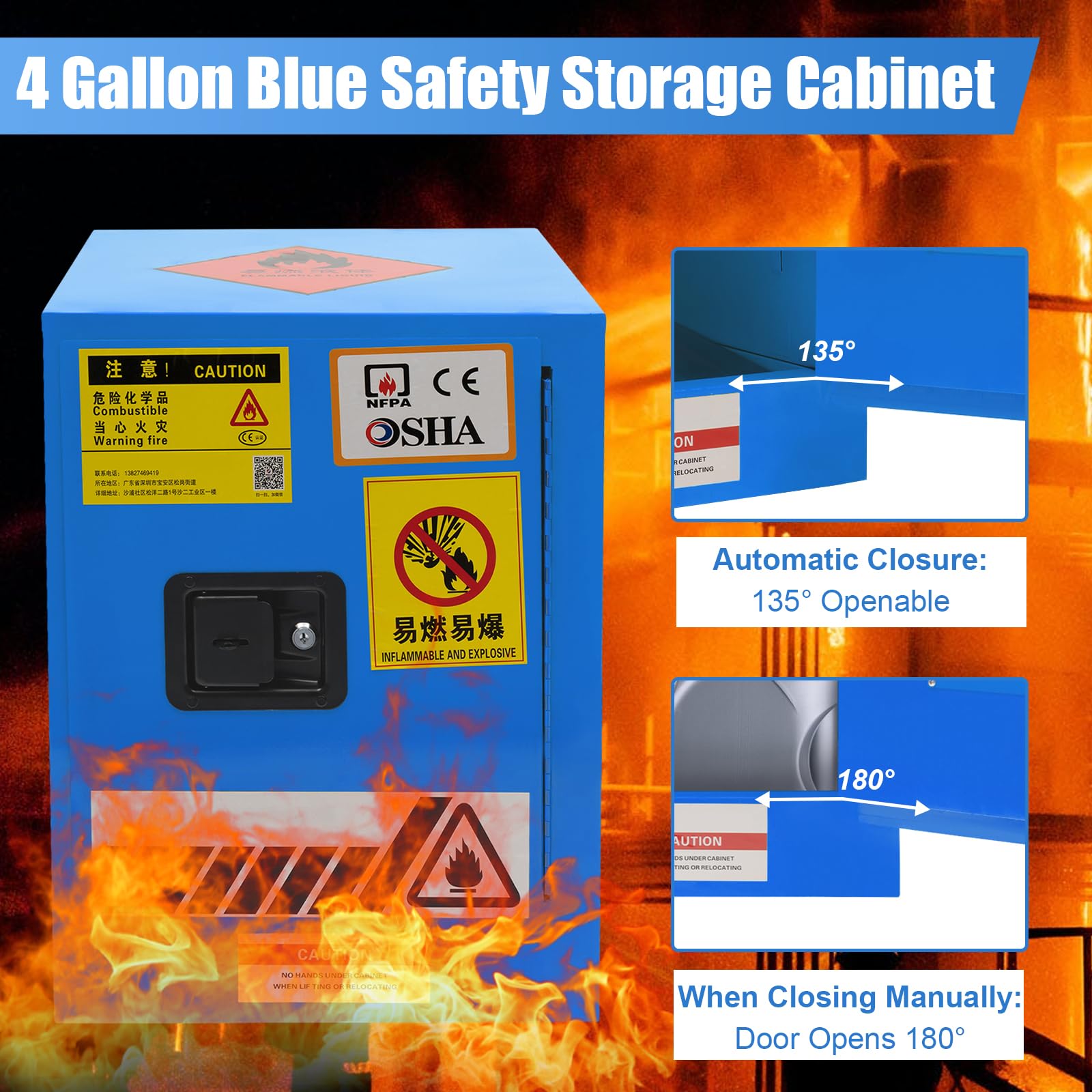 4 Gallon Hazardous Material Storage Cabinet - Fireproof & Explosion Proof Safety Cabinet for Gasoline, Chemicals | Commercial, Industrial & Home Use | Garage, Workshop, Laboratory Safety Storage (Blue)
