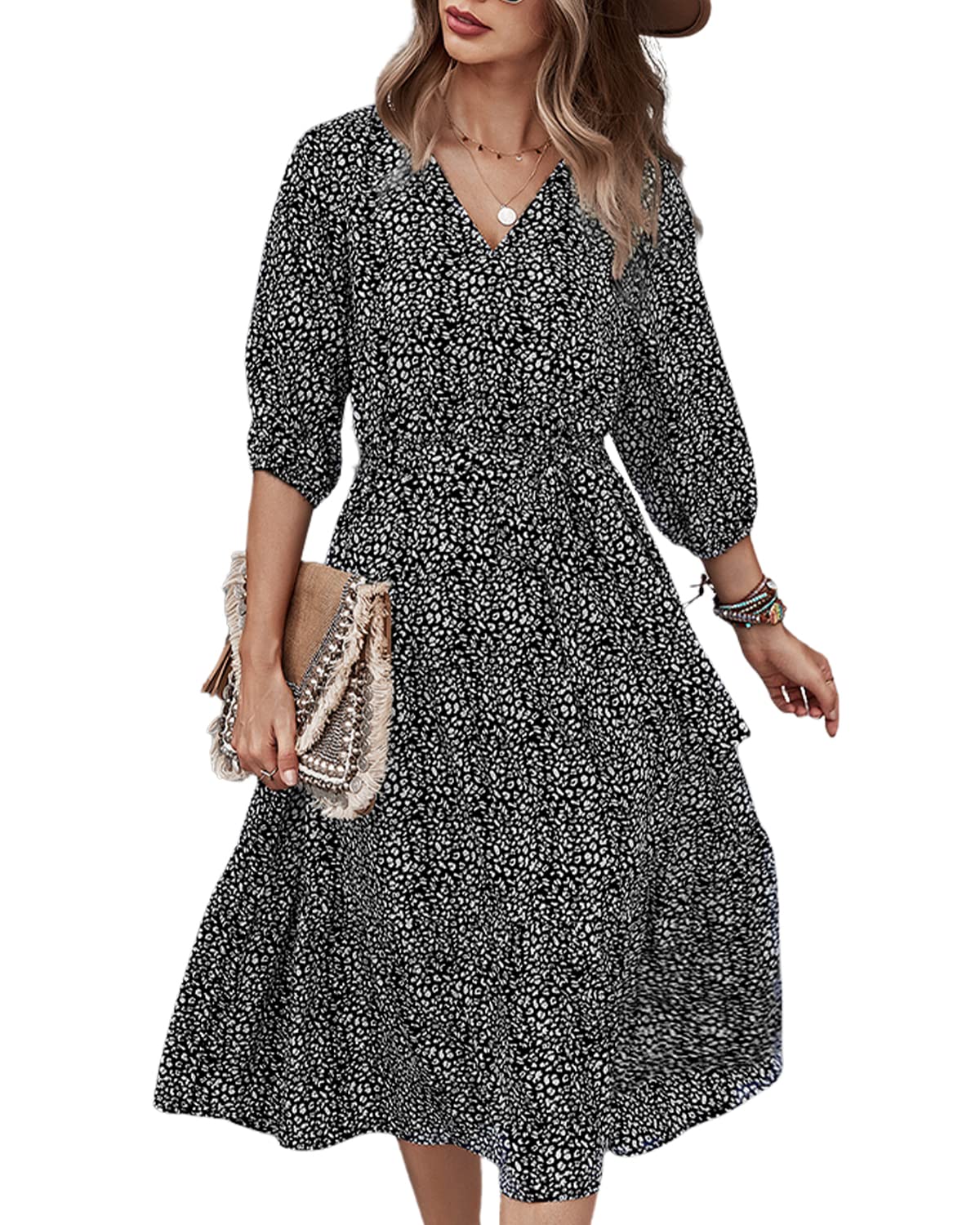 BebreezChic Women's V-Neck Flowy Dress with Removable Waistband - Elastic Waist Summer Vacation Dress for Beach, Party & Casual Wear