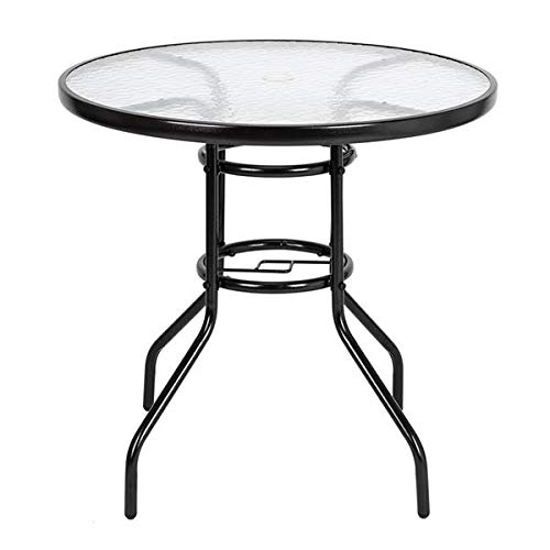SYWAMOL Round Outdoor Dining Table with Toughened Glass Top - Durable Patio Garden Table for Backyard, Deck & Poolside Dining