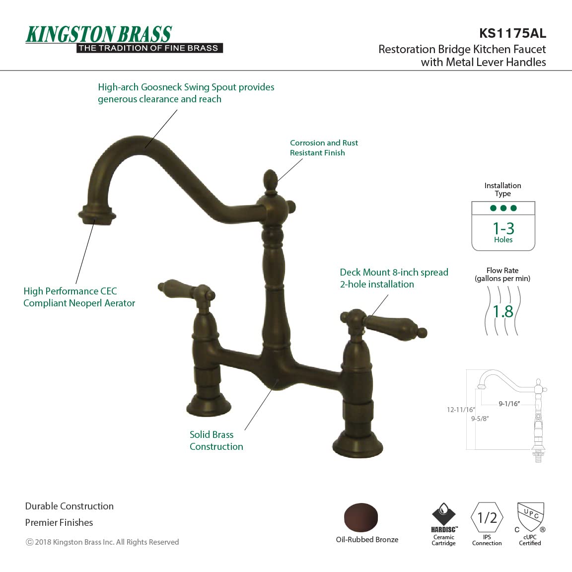 Kingston Brass KS1175AL Heritage Bridge Kitchen Faucet - Oil Rubbed Bronze Finish, 13 x 8 x 2.13 Inches - Perfect for Farmhouse, Rustic & Vintage Style Kitchens