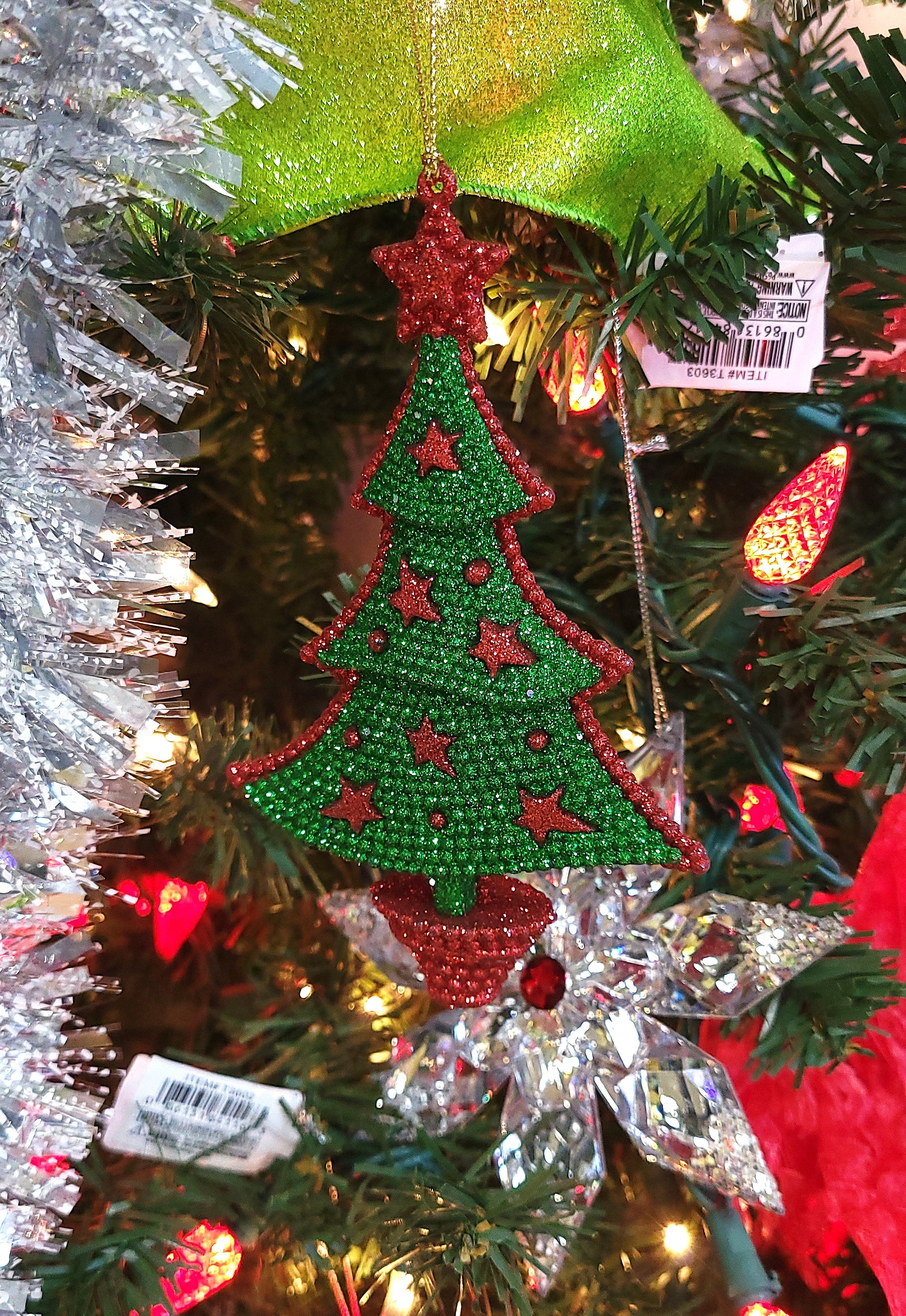 5.5 Inch Glittered Red and Green Christmas Tree Ornament - Festive Holiday Decor for Xmas Tree, Home, Party & Gifts