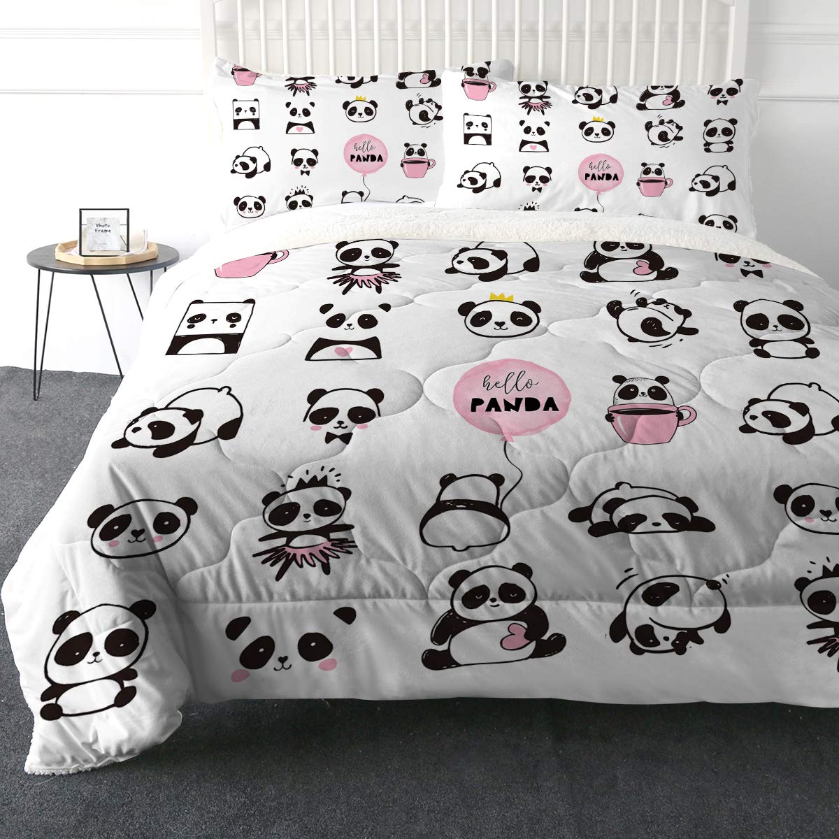 Super Soft Sherpa Comforter Bed Set - 3D Lightweight Fuzzy Duvet Blanket with Polyester Filling & 2 Pillow Shams | Cute Panda Heart Print | King Size Bedding for Cozy Winter Nights & Home Decor