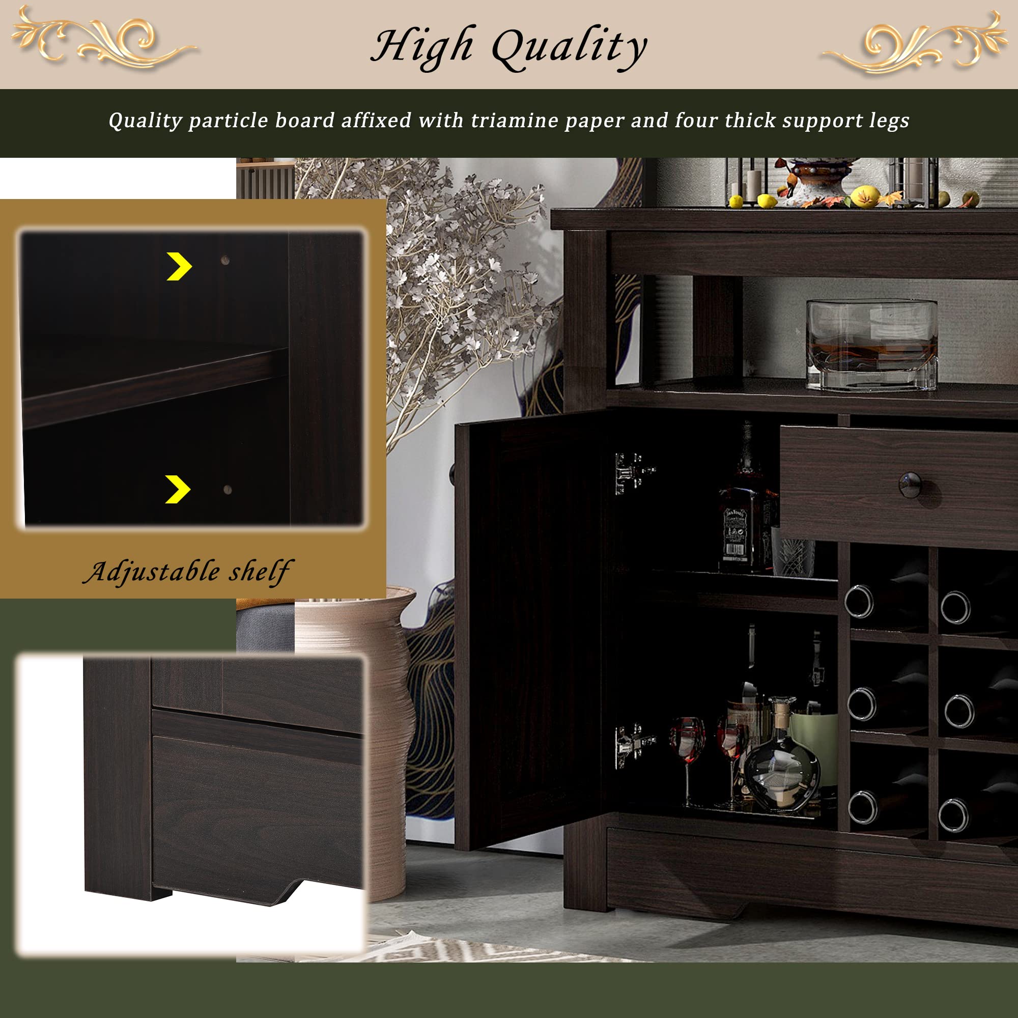 Modern Wood Accent Buffet Sideboard with Double-Tier Tabletop & 9-Bottle Wine Storage Cabinet - Espresso Finish for Entryway, Kitchen, Dining Room & Living Room Decor