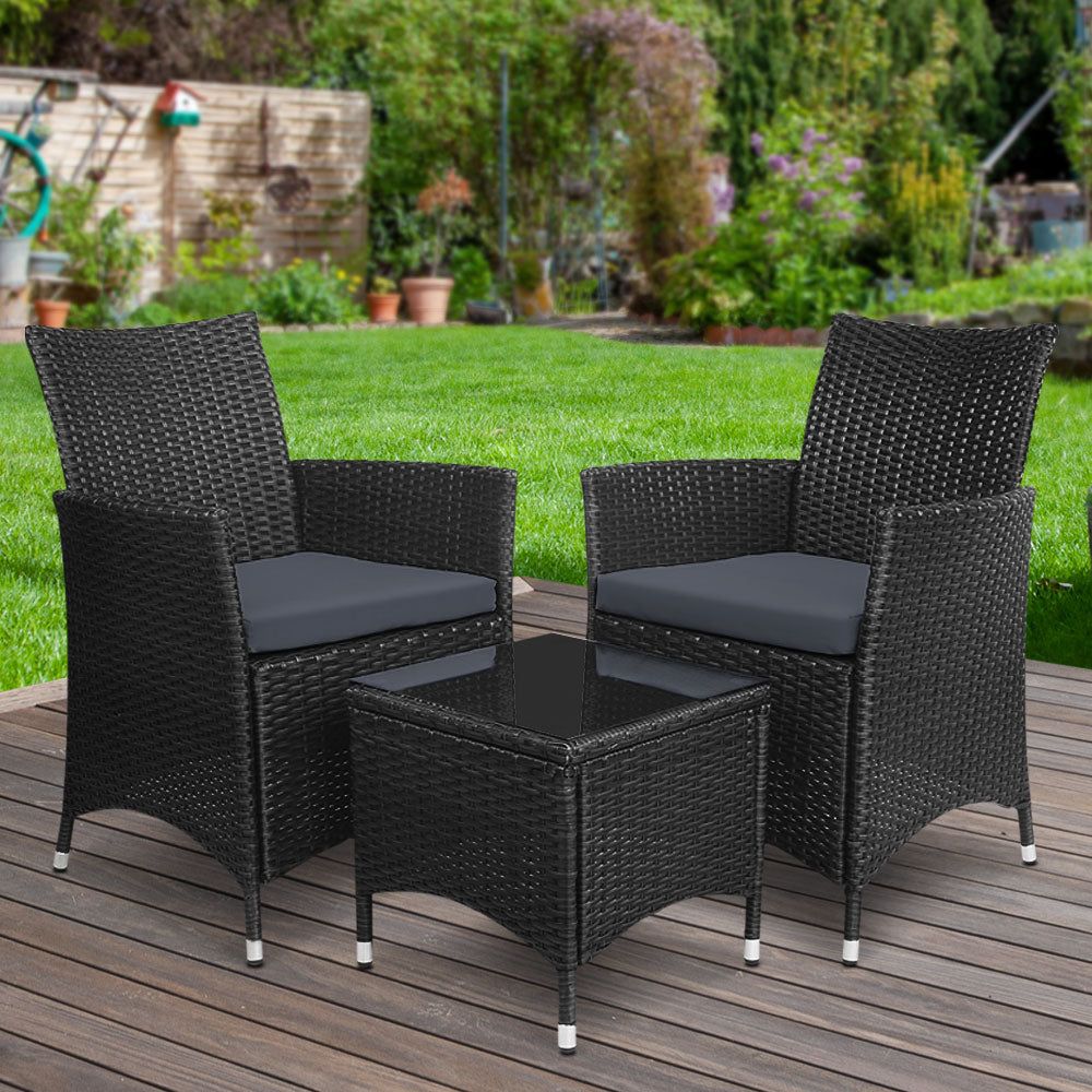Gardeon 3-Piece Black Wicker Outdoor Bistro Set - Patio, Garden, and Backyard Dining Furniture for Small Spaces