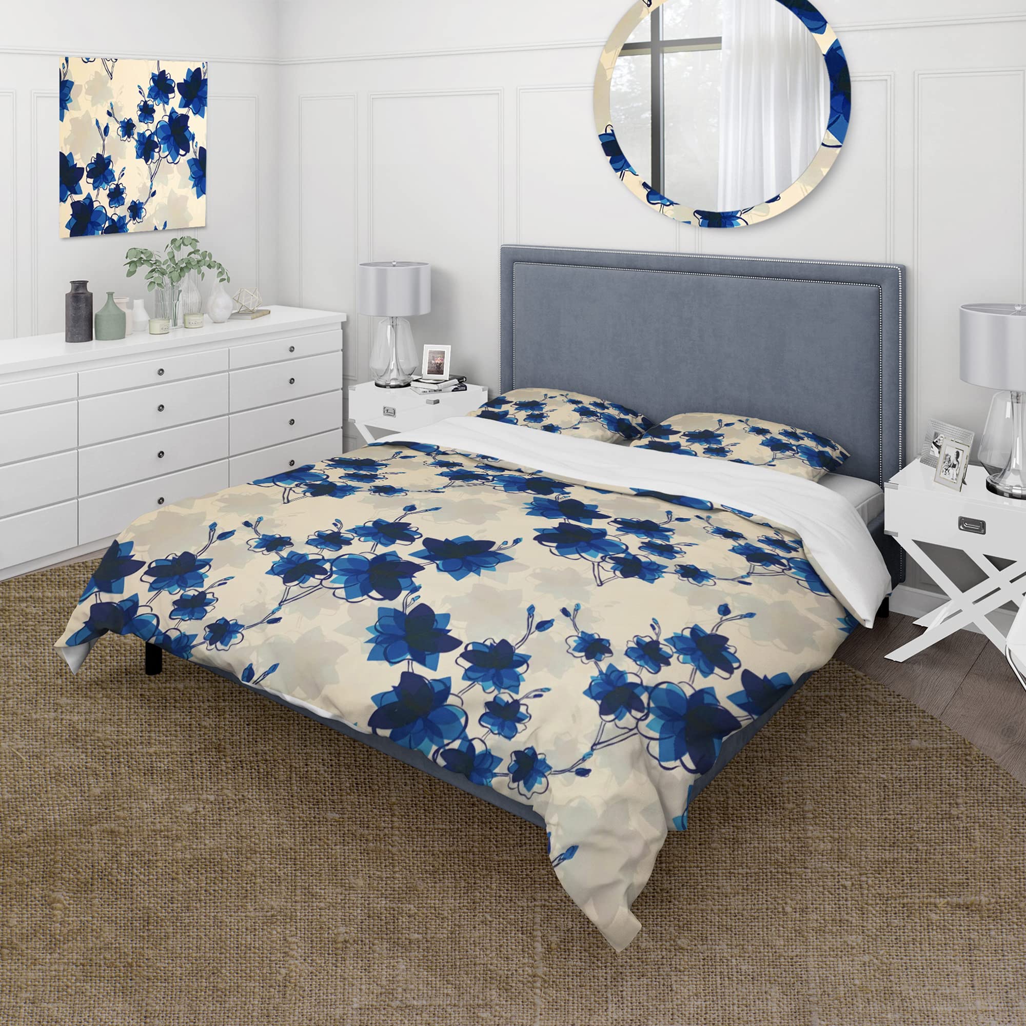 Abstract Blue Flowers Floral Duvet Cover Set - Queen Size Bedding with Pillowcases - Modern Boho Chic Home Decor for Master Bedroom & Guest Room