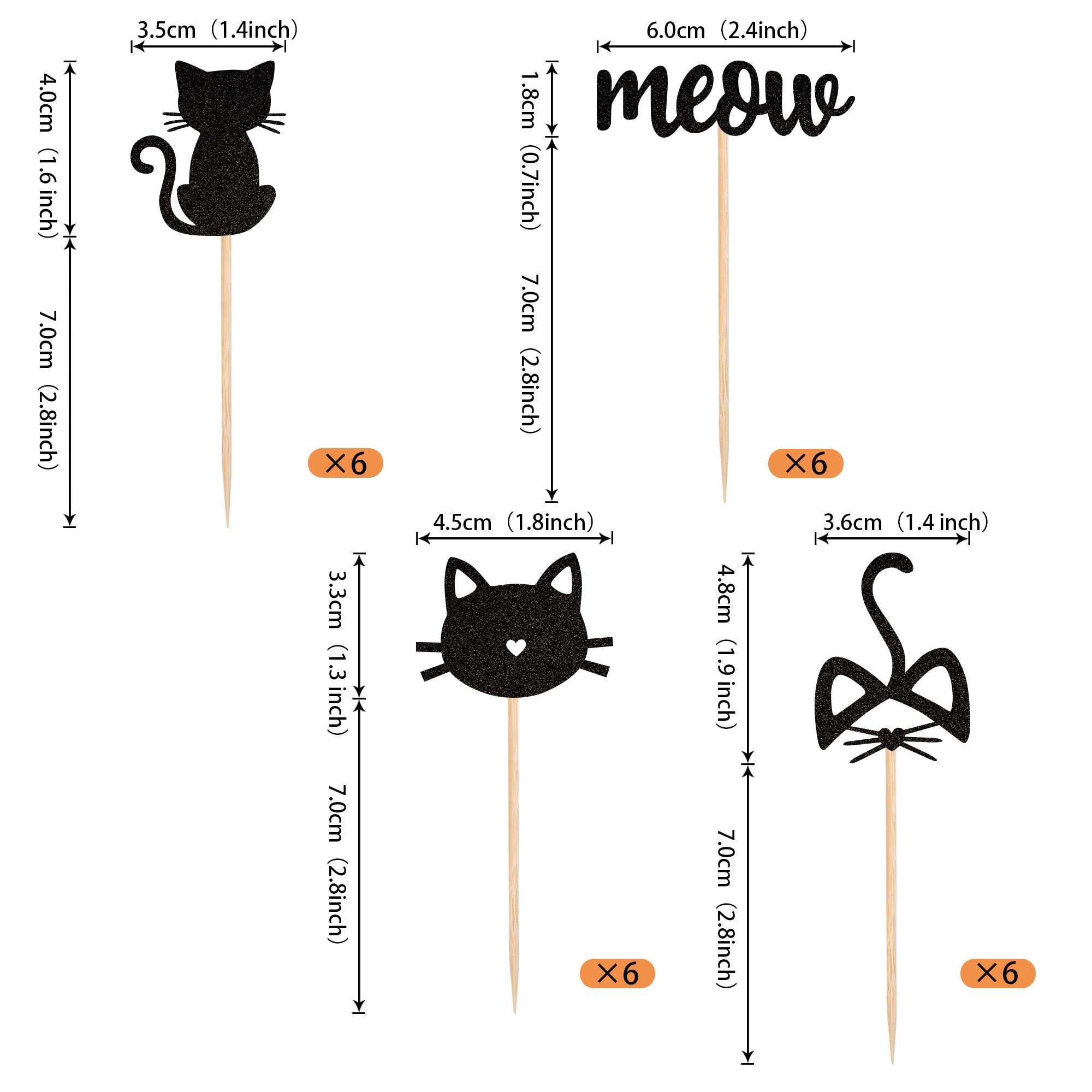 24 Pack Black Glitter Cat and Meow Cupcake Toppers - Kitten Theme Food Picks for Cat Lovers - Perfect for Baby Showers, Kids Birthdays, Wedding Cakes & Party Decorations