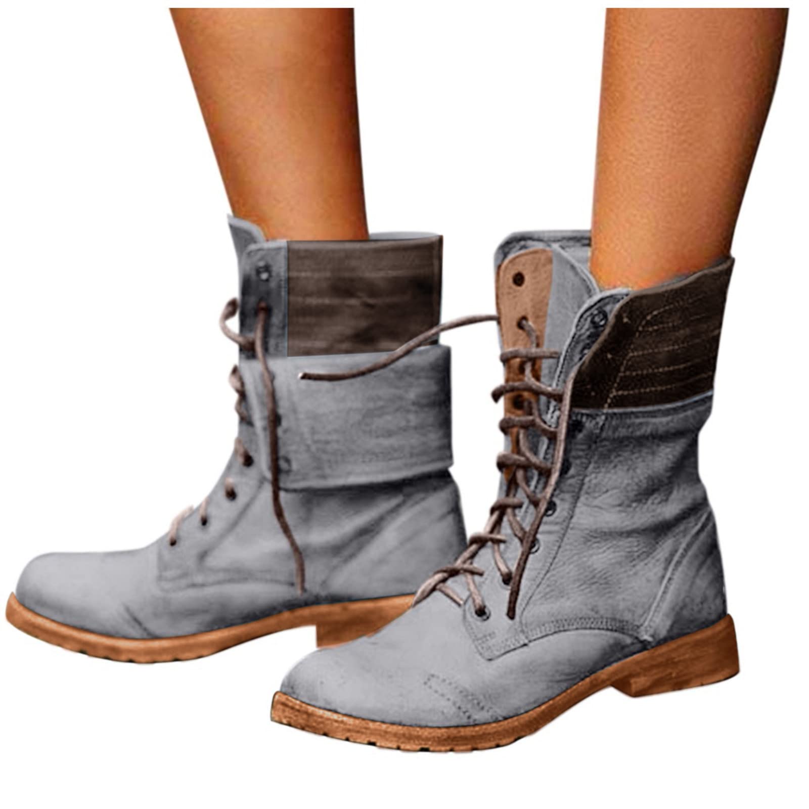 SAMENO Women's Black Mid Calf Lace Up Knight Boots - Stylish Winter & Fall Fashion Boots for Casual Outfits, Work & Outdoor Activities