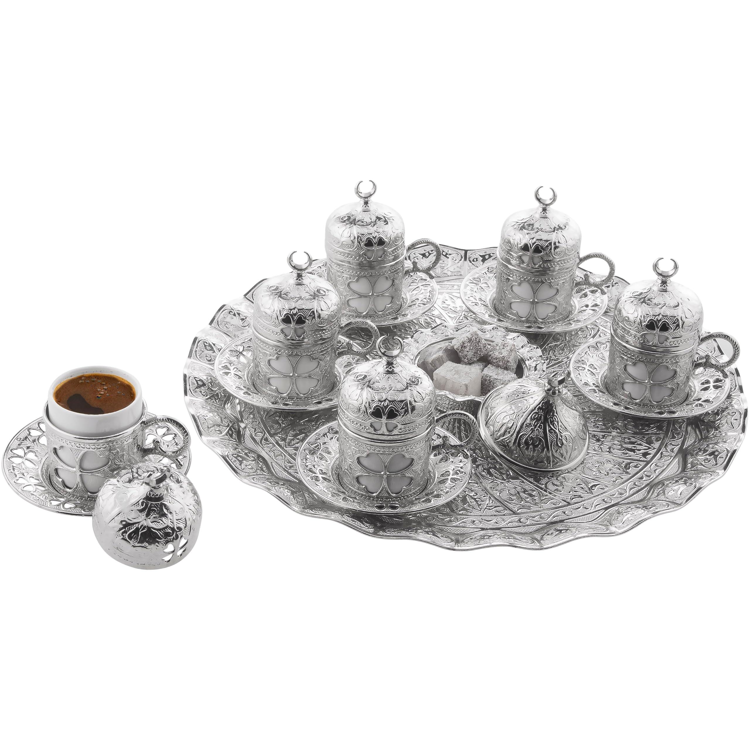LaModaHome 6-Piece Turkish Espresso Coffee Cup Set with Saucer, Lid, Holder & Tray - Ottoman Tulip Design Porcelain Mugs for Coffee Lovers - Perfect for Arabic, Greek & Turkish Coffee - Ideal Gift & Home Decor Accessory - Silver