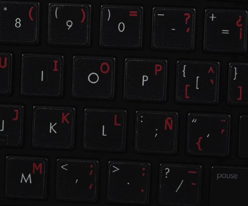 Spanish Keyboard Stickers with Red Letters on Transparent Background - 14x14 Size for Laptop, PC & Mac - Perfect for Bilingual Typing & Language Learning