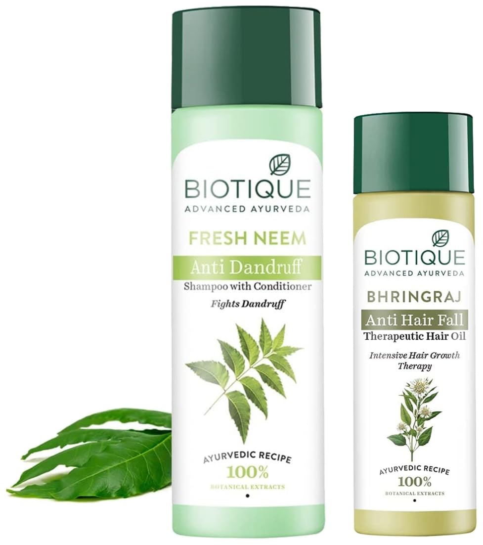 Biotique Bio Bhringraj Fresh Growth Therapeutic Hair Oil 120ml & Bio Neem Margosa Anti-Dandruff Shampoo & Conditioner 190ml Set - Promotes Hair Growth & Fights Dandruff - Perfect for Dry Scalp & Damaged Hair Care Routine