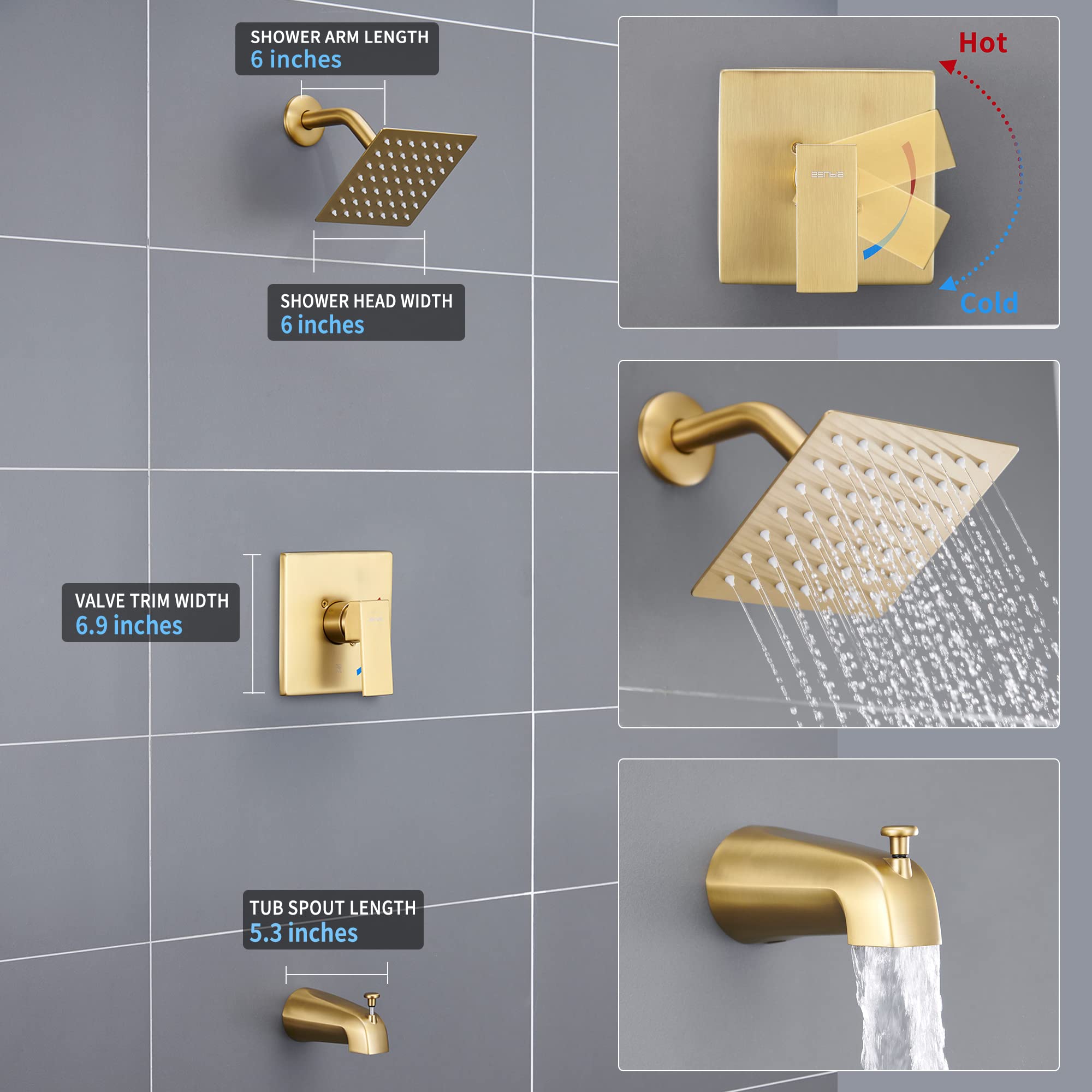 **Esnbia Premium Brushed Gold Shower Tub Faucet Set with 6-Inch Rain Shower Head, Tub Spout & Valve - Single-Handle Bathroom Fixture for Modern Home Renovation**    *(Perfect for bathroom upgrades, spa-like showers, and luxurious soaking baths in residential or vacation homes.)*