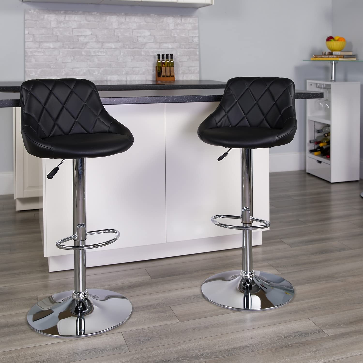 Flash Furniture Caldwell 2-Pack Adjustable Height Bar Stools - Contemporary Black Vinyl Bucket Seats with Diamond Pattern Back & Chrome Base - Perfect for Kitchen Islands, Home Bars & Counter Dining