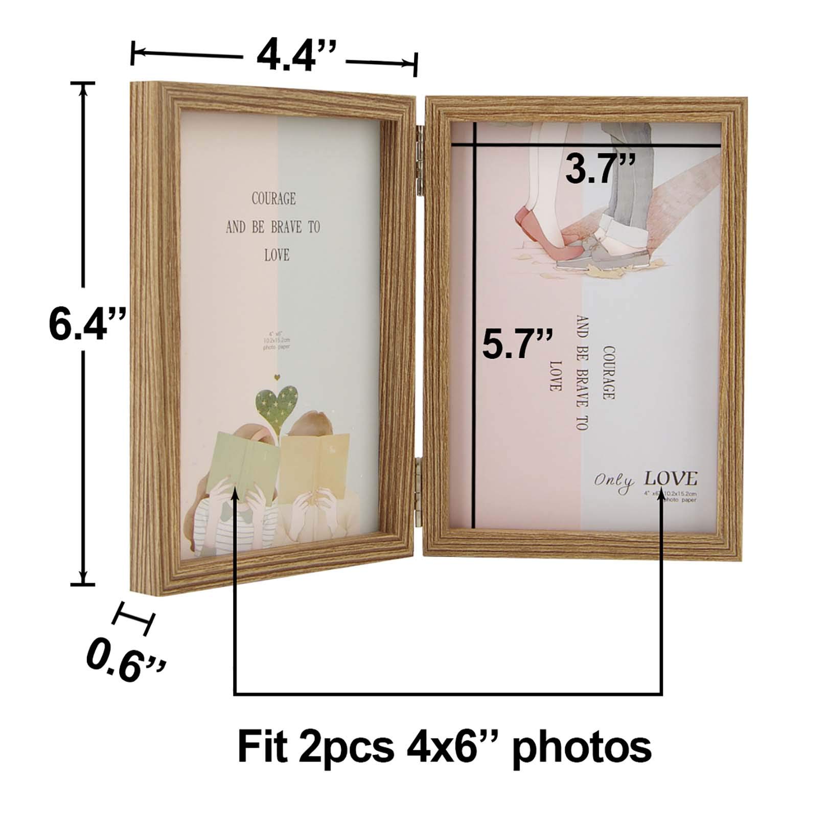 4x6 Double Hinged Picture Frames - Wood Grain MDF with Glass Front - Tabletop Vertical Standing Photo Frame for Home Decor, Office Display, and Gift Giving