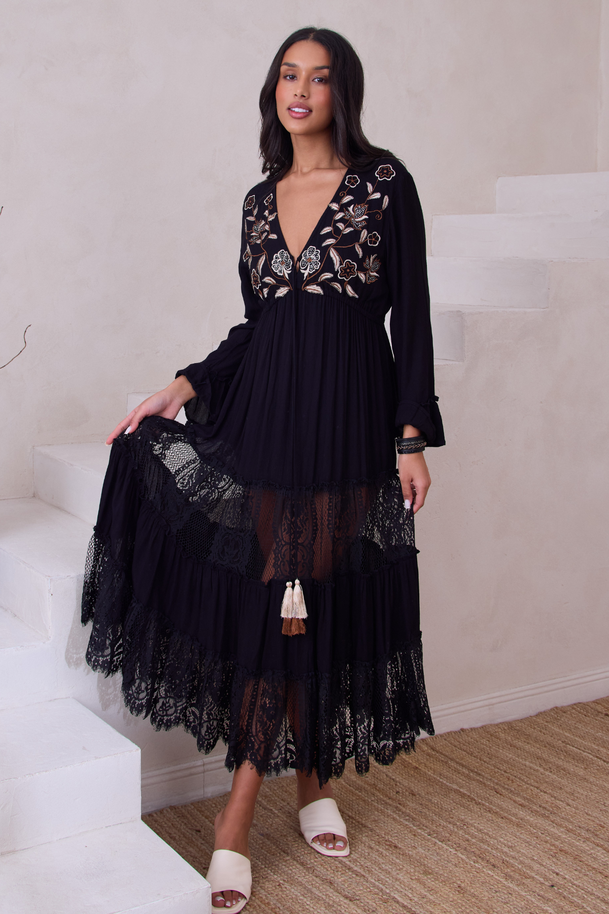 Floral Lace Tiered Kaftan Dress for Women - Boho Beach Cover Up, Summer Maxi Dress for Vacation & Poolside Relaxation
