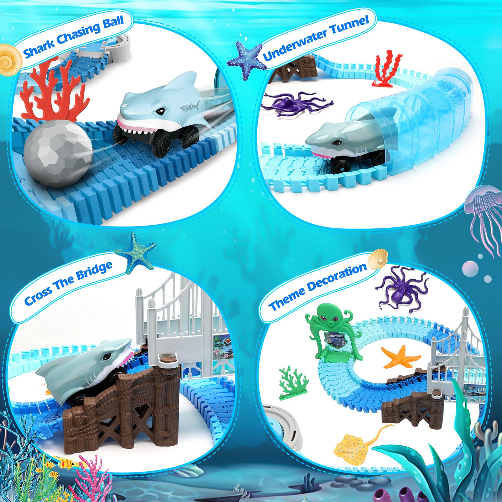 VATOS 183-Piece Shark Race Car Track Set - Flexible Bendable Racetrack with Shark & Ball Toys - STEM Educational Ocean Theme Playset for Boys & Girls Ages 3-9 - Perfect Birthday Gift for Kids Who Love Racing & Marine Adventures