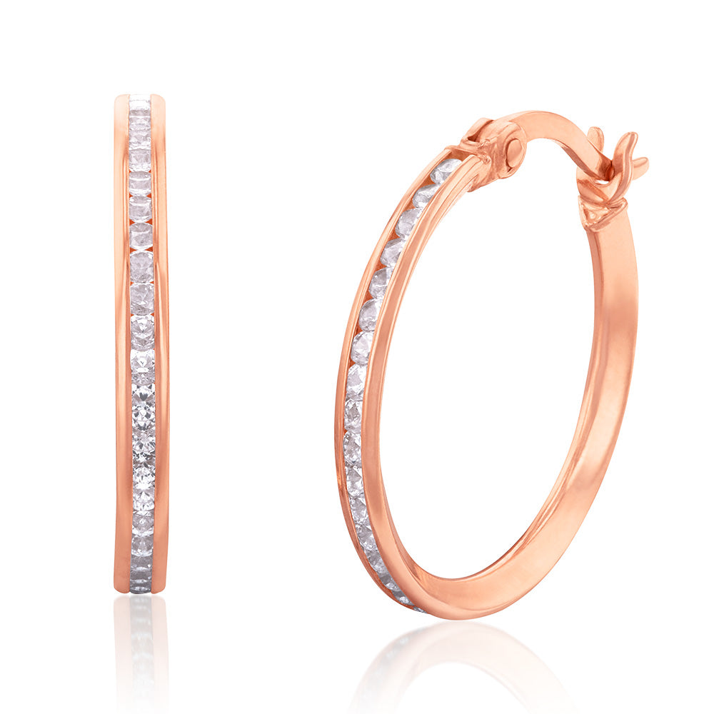 9ct Rose Gold 15mm Cubic Zirconia Hoop Earrings for Women - Elegant Dangle Earrings for Party, Wedding & Everyday Wear