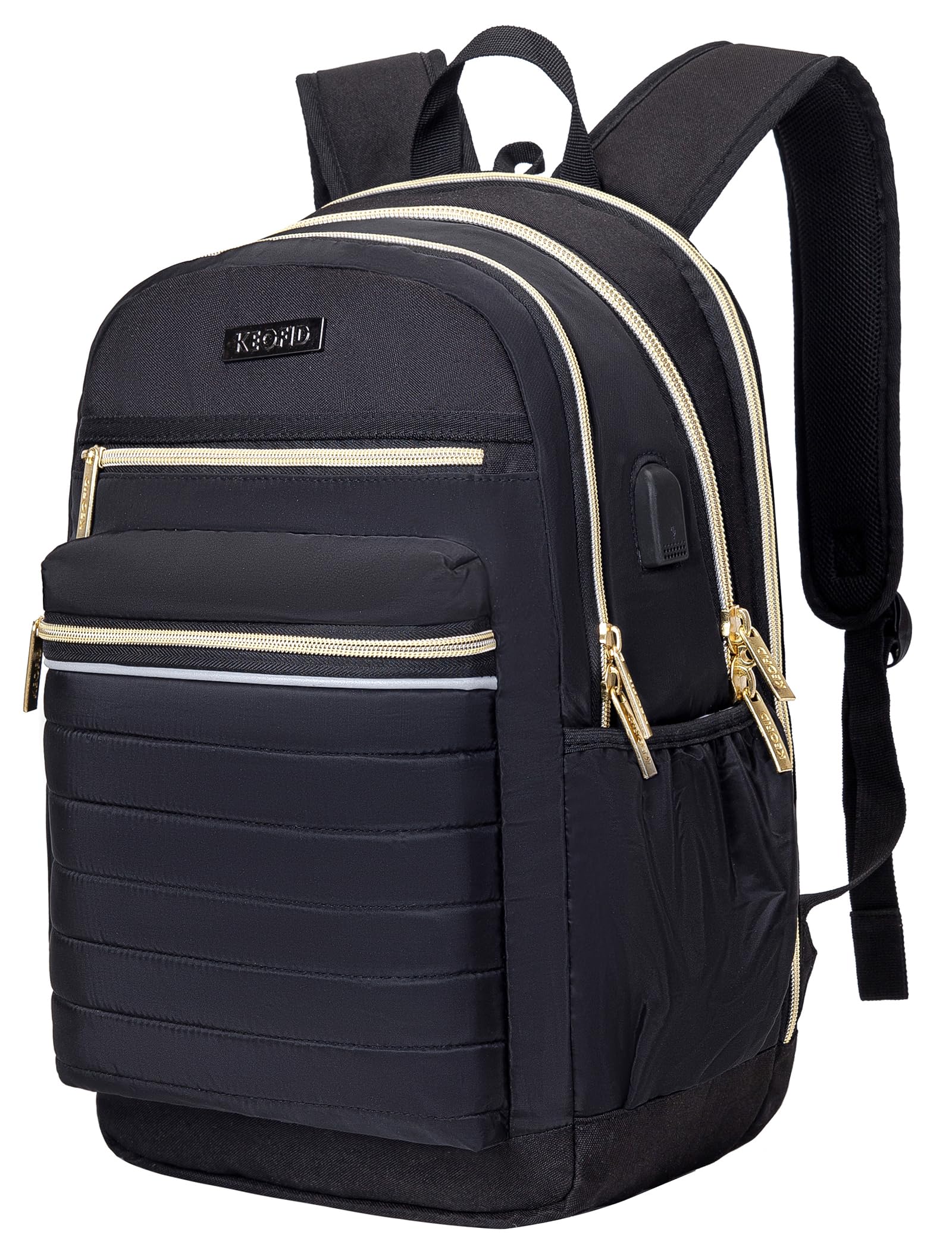 KEOFID Anti-Theft Travel Backpack for Men & Women - Stylish College Backpack with RFID Protection (Black & Gold) | Perfect for Commuting, School & Business Travel
