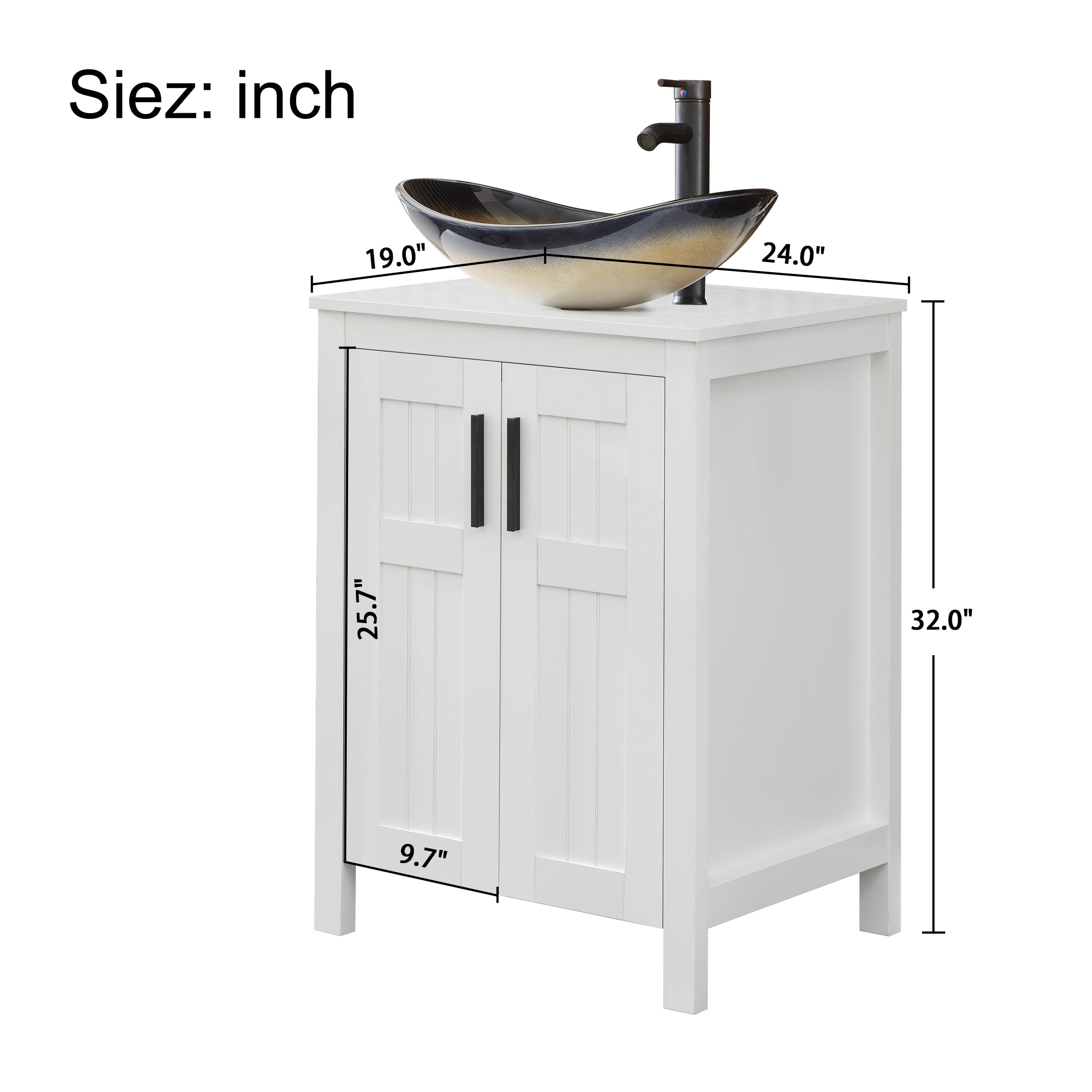 24 Inch White UEV Freestanding Bathroom Vanity with Champagne Boat Glass Vessel Sink - Modern Double Door Vanity Cabinet with Grooved Design & Metal Handles - Perfect for Small Bathrooms, Powder Rooms & Contemporary Home Decor