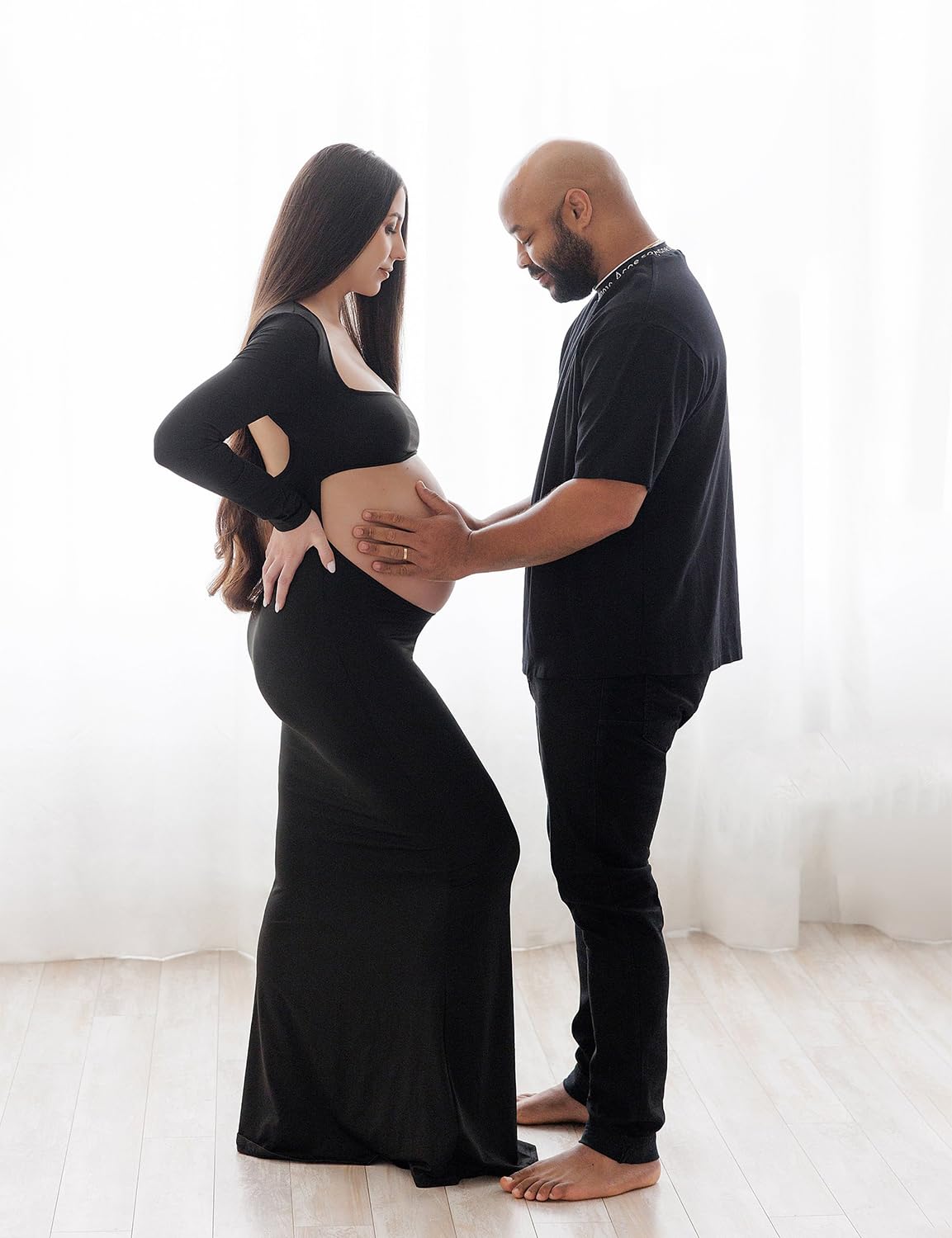 Cut Out Maternity Dress for Pregnancy Photos - Open Belly Long Sleeve Photography Gown with Square Neck | Perfect for Maternity Photo Shoots, Baby Showers & Special Occasions