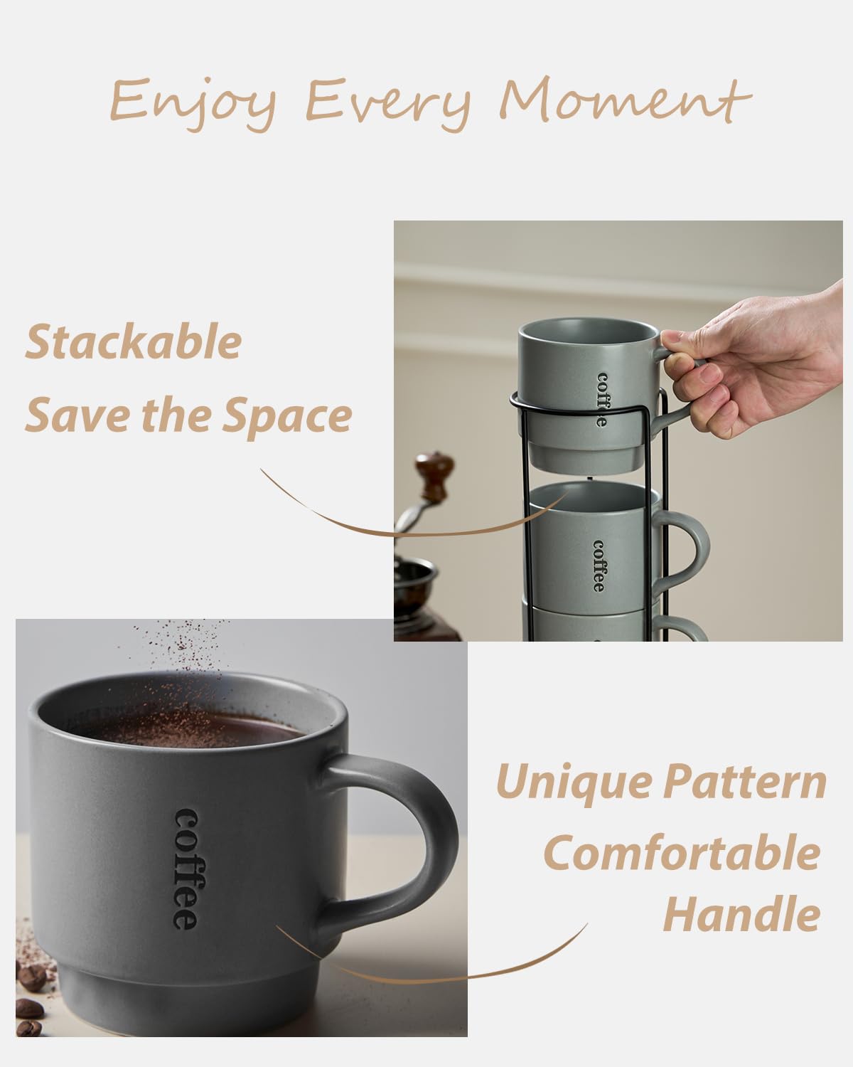 Stackable 15oz Porcelain Coffee Mug Set with Storage Rack - 4 Pack Grey Cups for Coffee, Tea, Cocoa & Milk - Perfect for Thanksgiving, Office, Kitchen & Home Decor