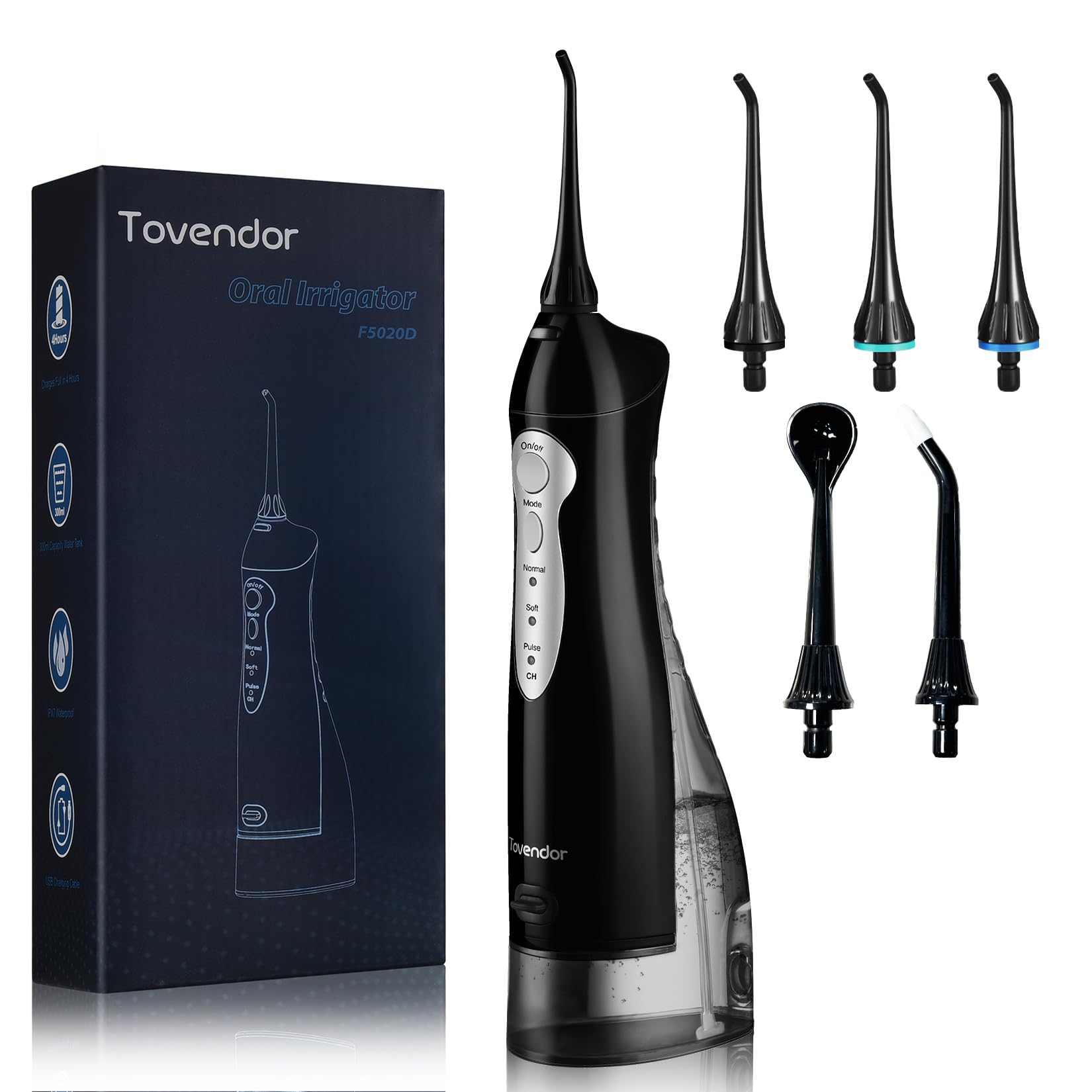 TOVENDOR Cordless Water Dental Flosser - 300ML Rechargeable Oral Irrigator with 5 Nozzle Tips | IPX7 Waterproof Teeth Cleaner for Braces, Gums & Deep Cleaning | Perfect for Travel & Home Use