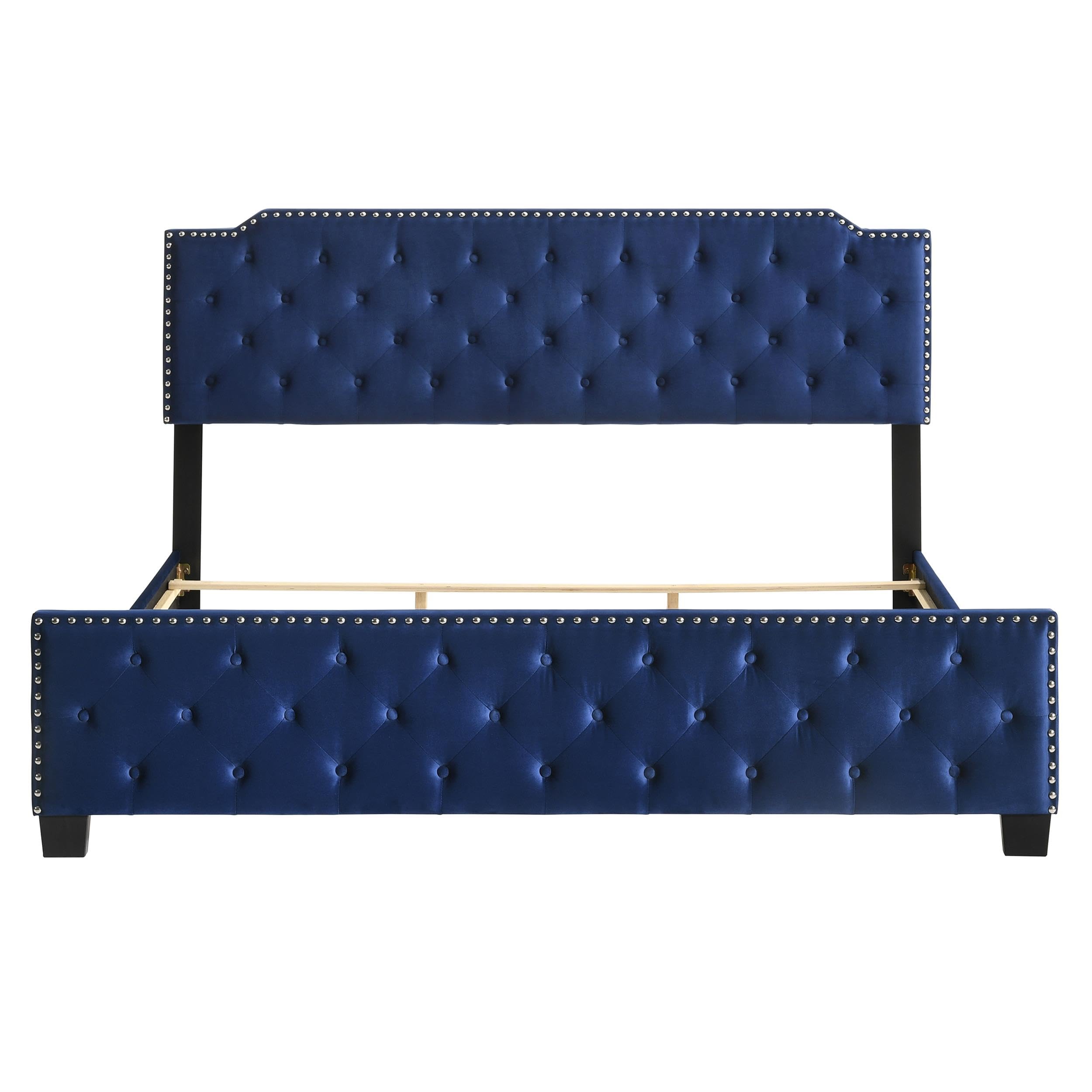 Furniture of America Chetana Navy Blue Tufted Full Upholstered Wood Bed Frame - Queen Size Platform Bed with Solid Wood Legs for Modern Bedroom Decor