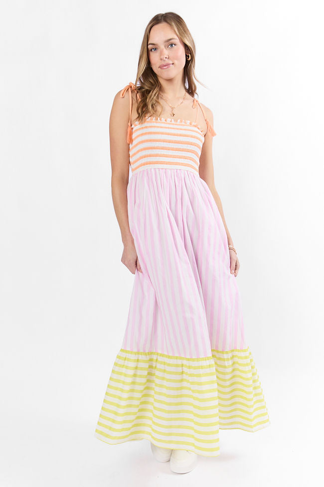 Forever Again Women's Striped Color Block Maxi Dress - Flowy Summer Beach Dress for Vacation, Party & Casual Wear