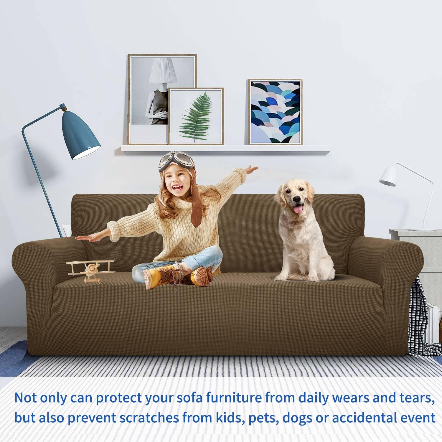 MAXIJIN Stretch Loveseat Sofa Slipcover - 1 Piece Washable Non-Slip Couch Cover for 2 Cushion Love Seat | Pet & Dog Cat Proof Furniture Protector | Perfect for Living Room, Apartment, Office (Brown)
