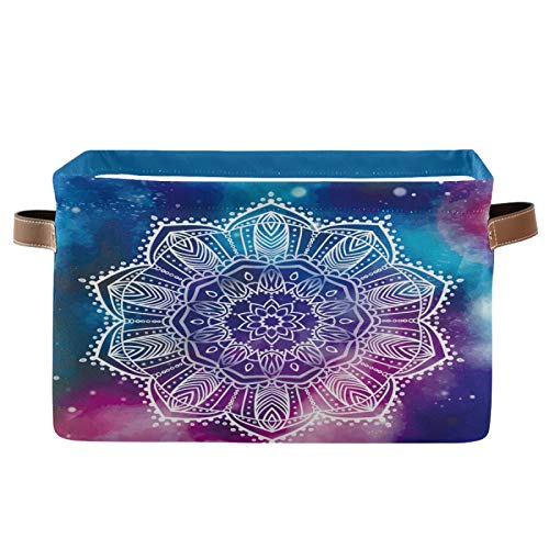 Galaxy Lotus Mandala Collapsible Storage Basket with PU Handles - Waterproof Laundry Organizer for Nursery, Closet & Bathroom (1 Pack)