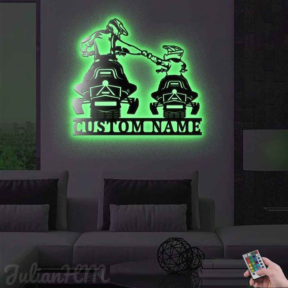 Custom Father and Son Snowmobile Metal Wall Art with LED Lights - Personalized Snowmobile Name Sign for Winter Sports Enthusiasts - Perfect for Man Cave, Garage Decor, and Snowmobile Lover Gifts