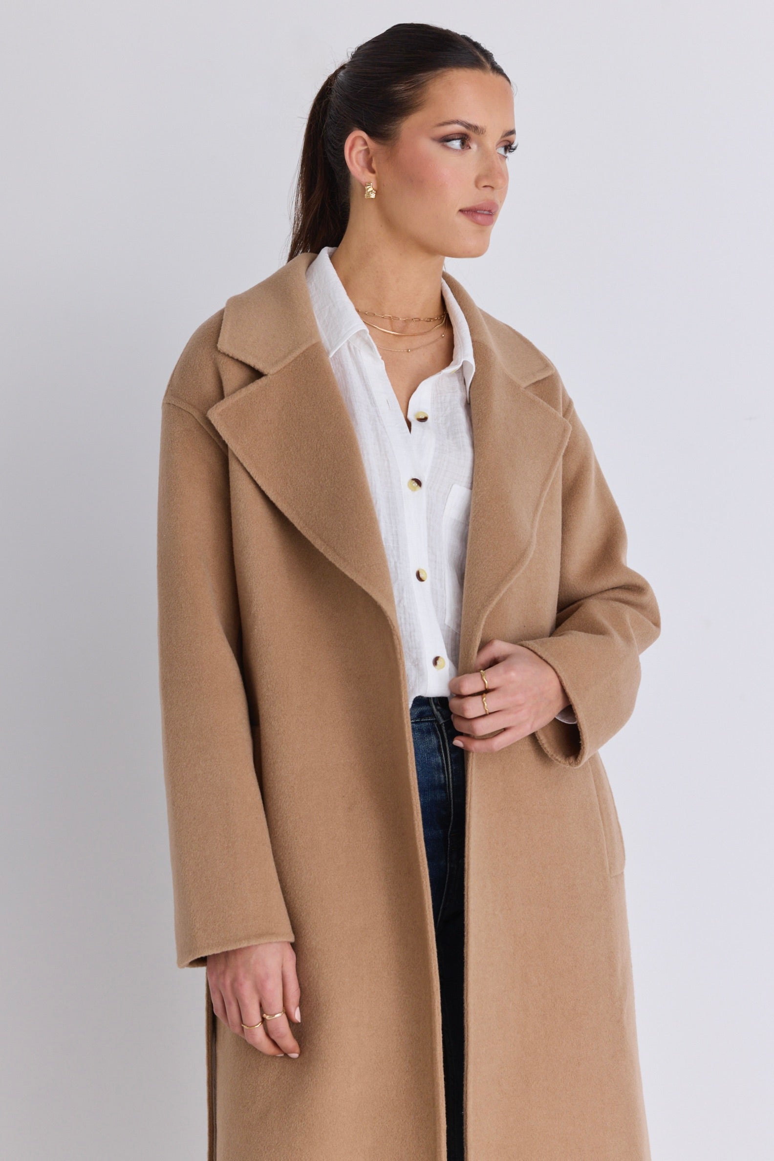 Geneva Camel Wool Blend Belted Coat for Women - Warm Winter Trench Coat with Belt - Perfect for Office, Travel & Casual Outfits