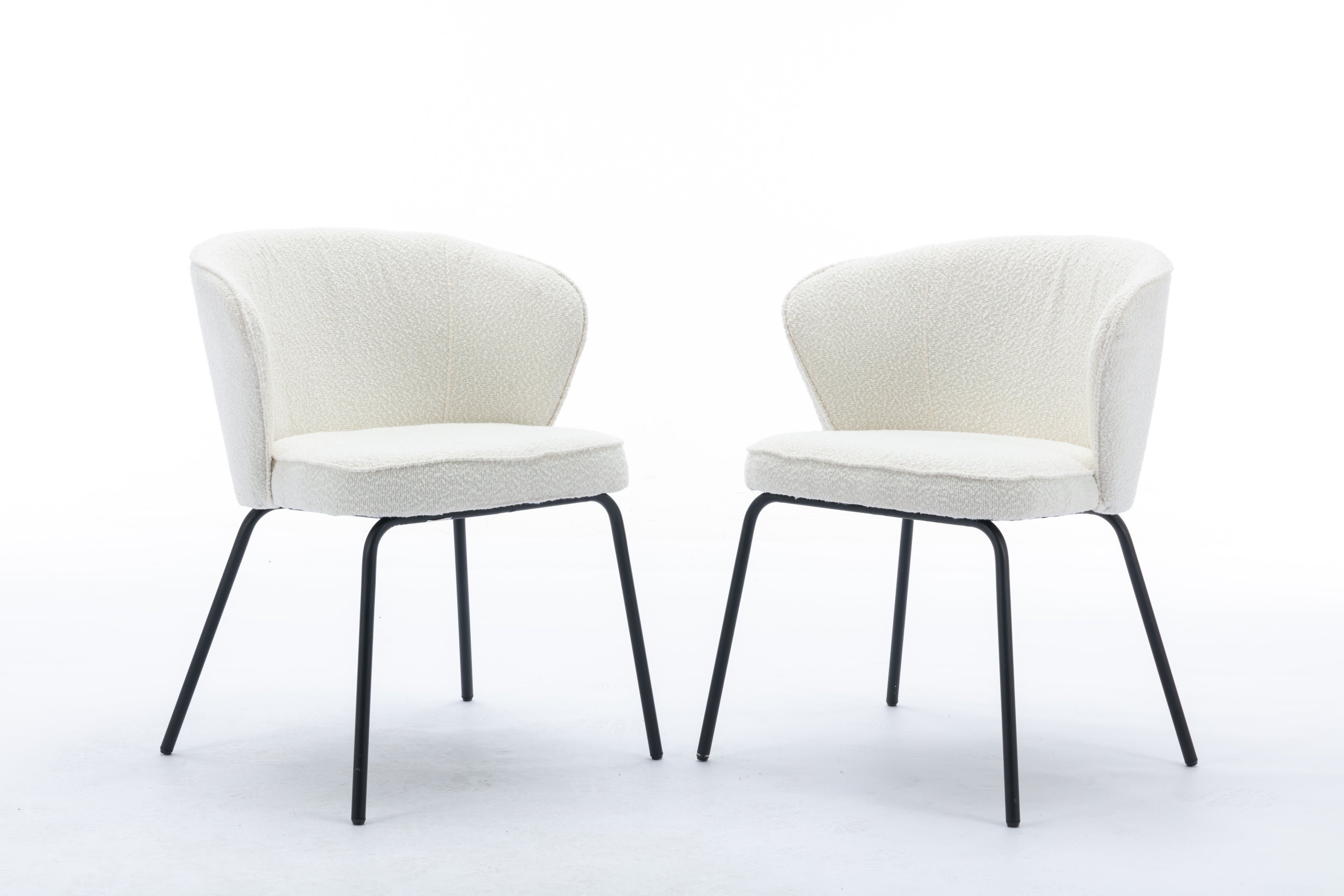 Boucle Fabric Dining Chairs Set of 2 with Black Metal Legs in Ivory - Modern Comfortable Kitchen & Dining Room Seating for Home & Office
