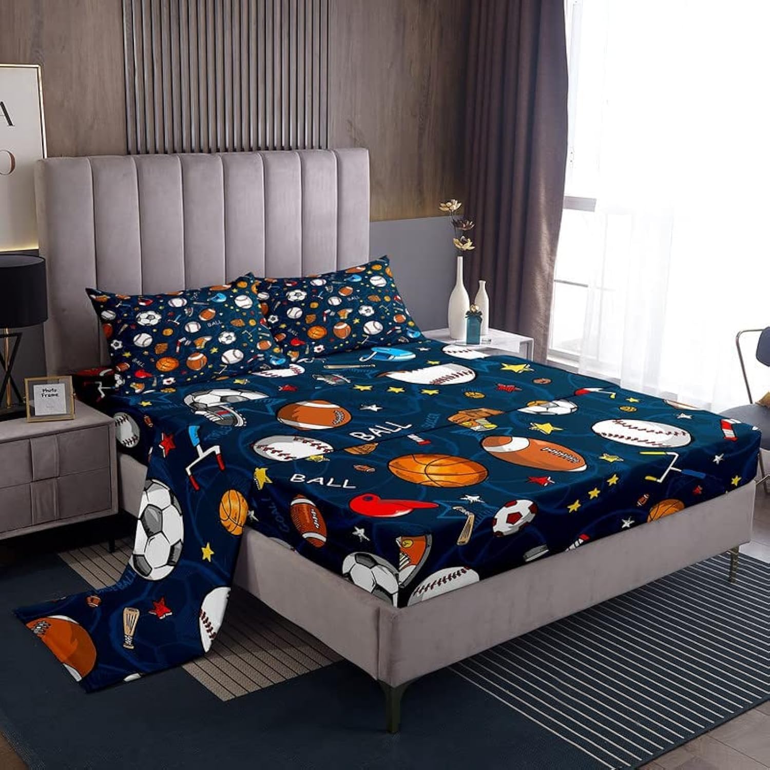 3D Sports Theme Bedding Set - Baseball Football Basketball Printed Microfiber Sheet Set for Kids Boys Girls - Full Size Bed Sheets - Perfect for Game Room Decor & Sports Themed Bedrooms