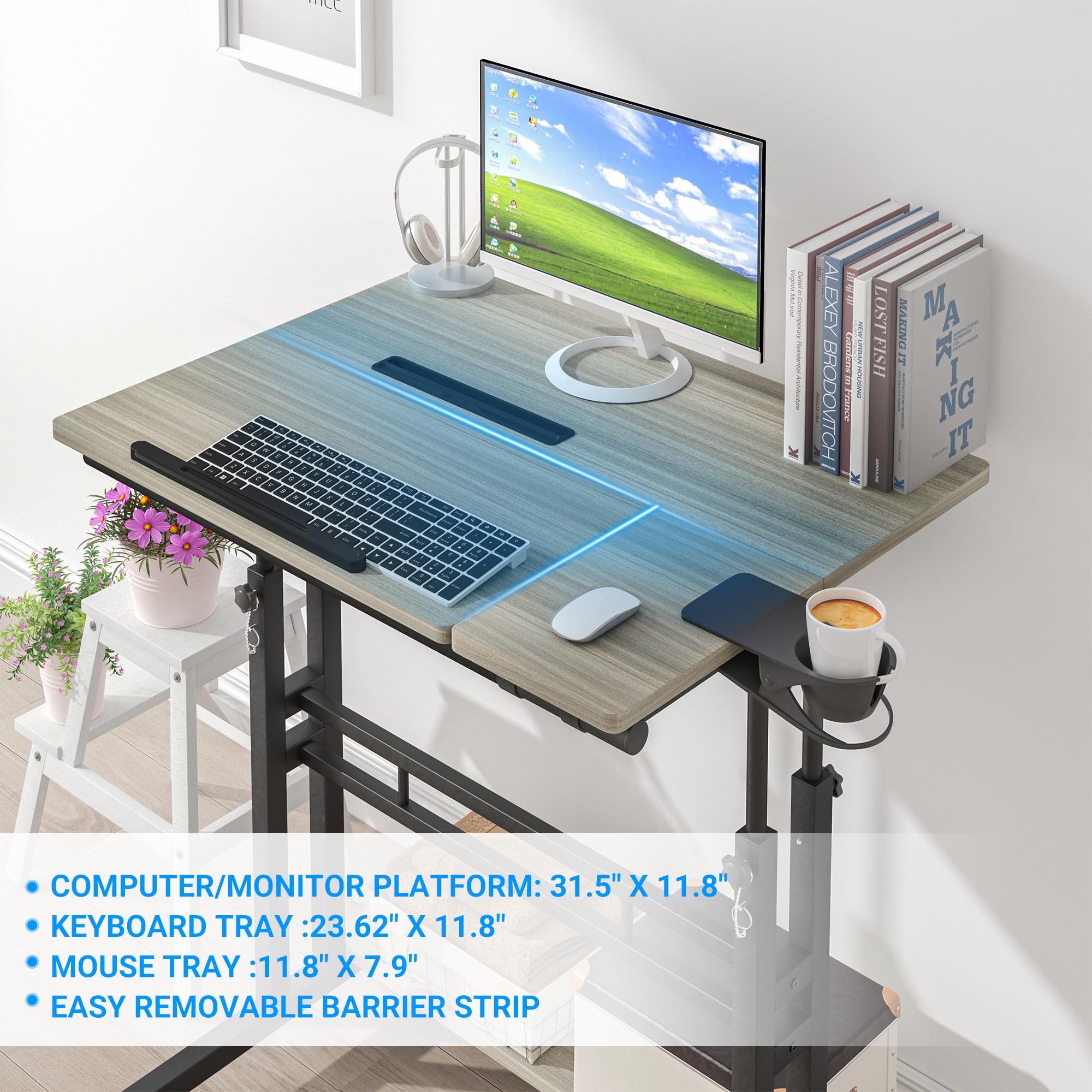 Adjustable Mobile Standing Desk with 3 Desktops & Cup Holder - Portable Rolling Laptop Table for Home Office, Lockable Wheels, Grey Oak - Perfect for Remote Work, Small Spaces & Ergonomic Workstations