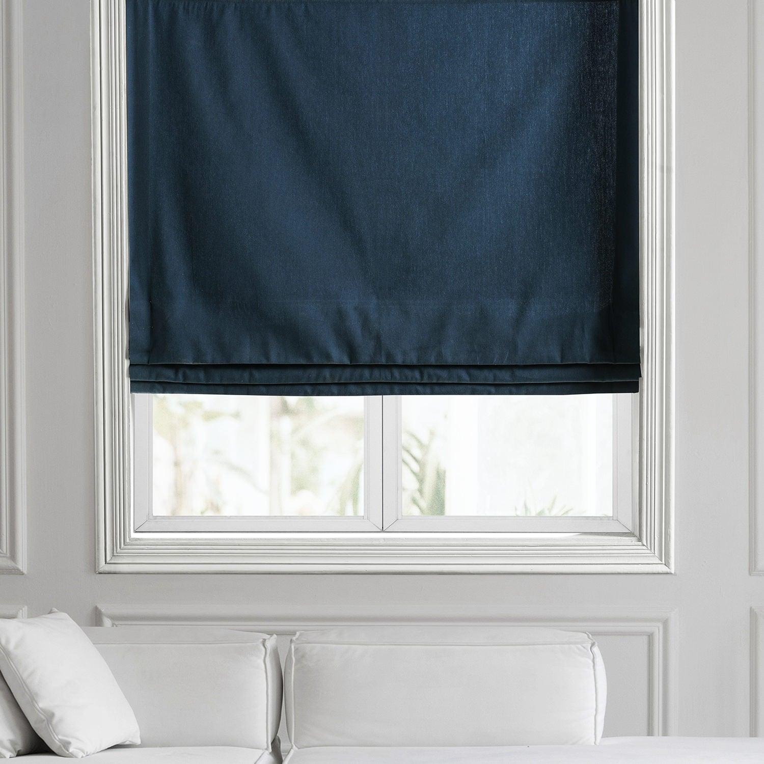 Premium Navy Blue Cotton Roman Shade - Classic Polo Style Window Treatment for Living Room & Bedroom - Blackout & Light Filtering Options