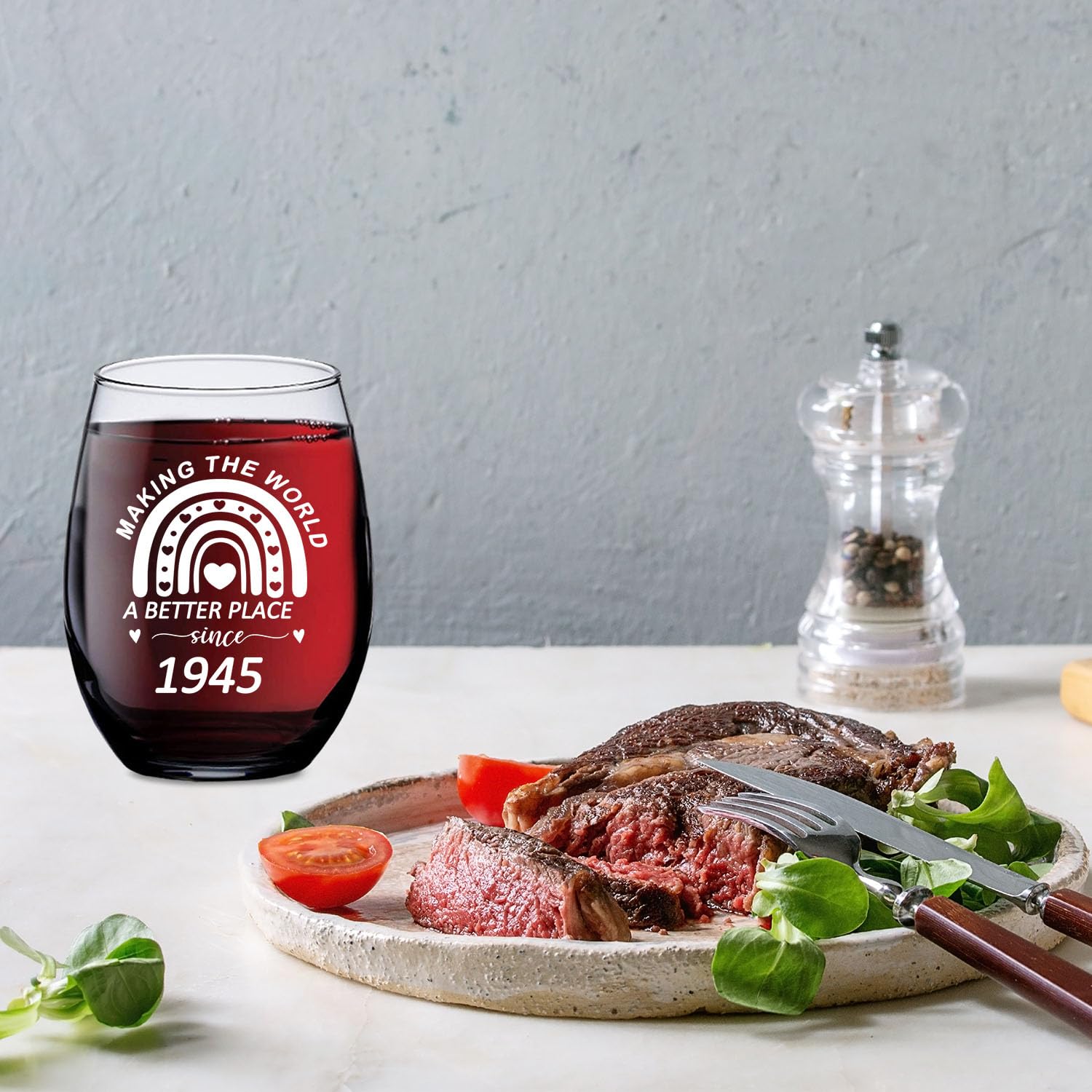 **Vintage 1945 Boho Stemless Wine Glass - 15 oz Funny 80th Birthday Gift for Women, Unique 80 Year Old Birthday Present - Perfect for Celebrations, Parties & Retro-Themed Gatherings**