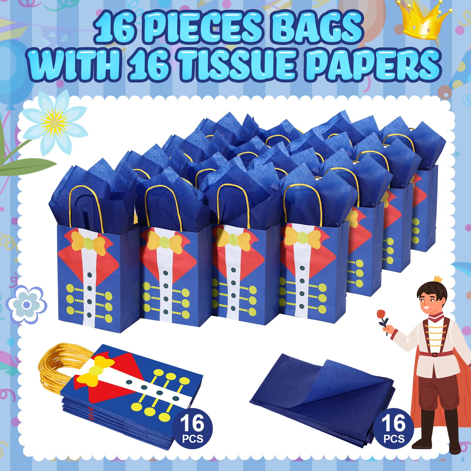 16 Pack Royal Prince Party Favor Bags with Tissue Paper - Premium Treat Goodie Bags with Handles for Prince Themed Birthday, Baby Shower & Special Events - Perfect for Candy, Gifts & Party Favors
